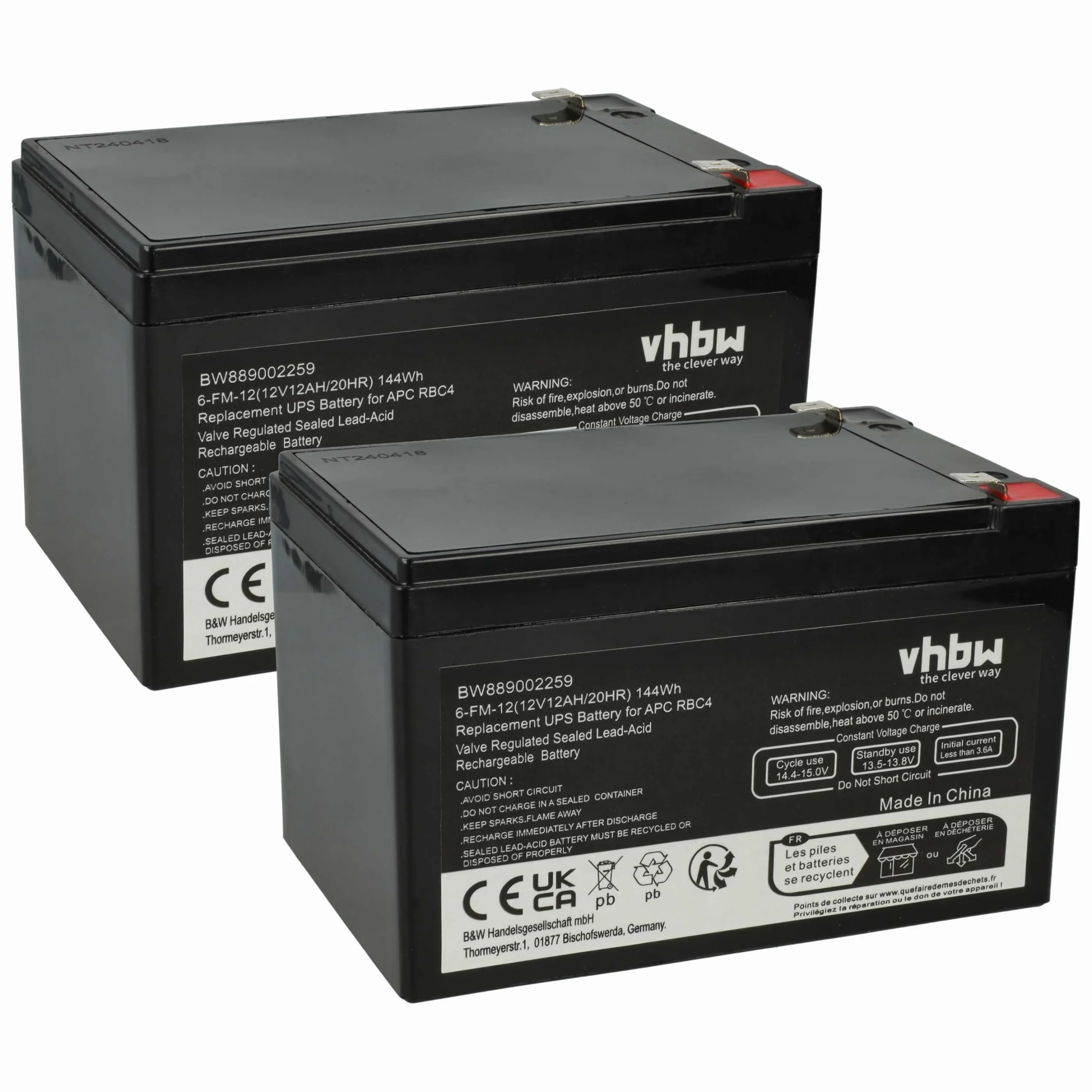vhbw 2 x akumulator kompatybilny z APC Back-UPS, BE750BBX450, BE750BB USV (12 Ah, 12 V, AGM)