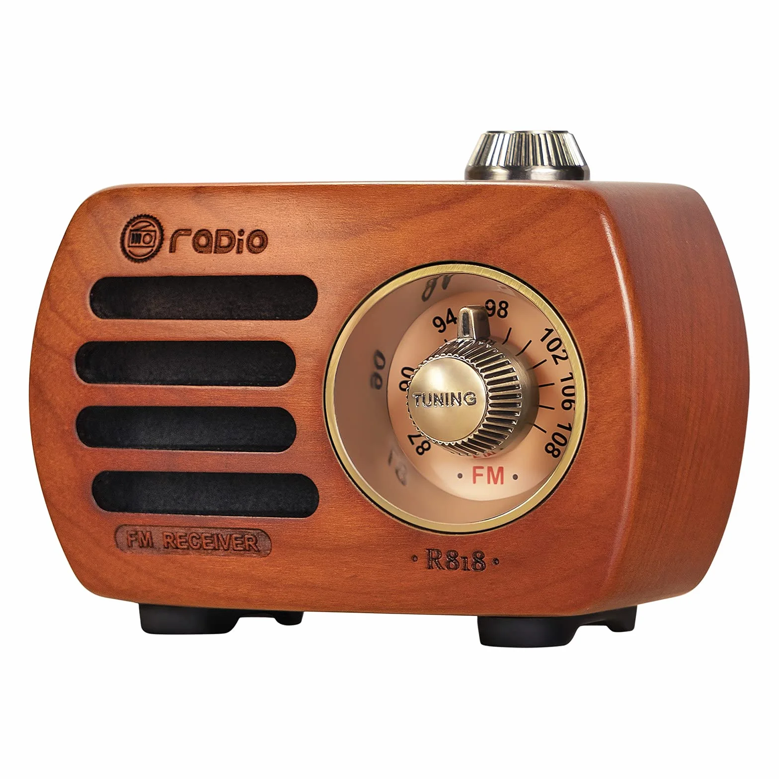 PRUNUS R-818 drewniane radio retro z głośnikiem Bluetooth, przenośne FM FM, małe ładowanie, głośnik basowy o doskonałej jakości basów, obsługuje wejście AUX (drewno wiśniowe)