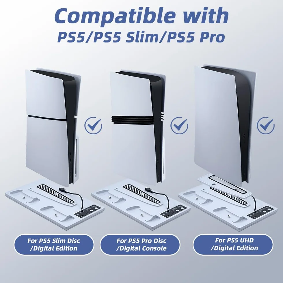 Wigearss Pionowy uchwyt do PS5/PS5 Slim/PS5 Pro z wentylatorami chłodzącymi, wielofunkcyjny ze światłem RGB, ładowarką do sterowników i portem typu C i USB