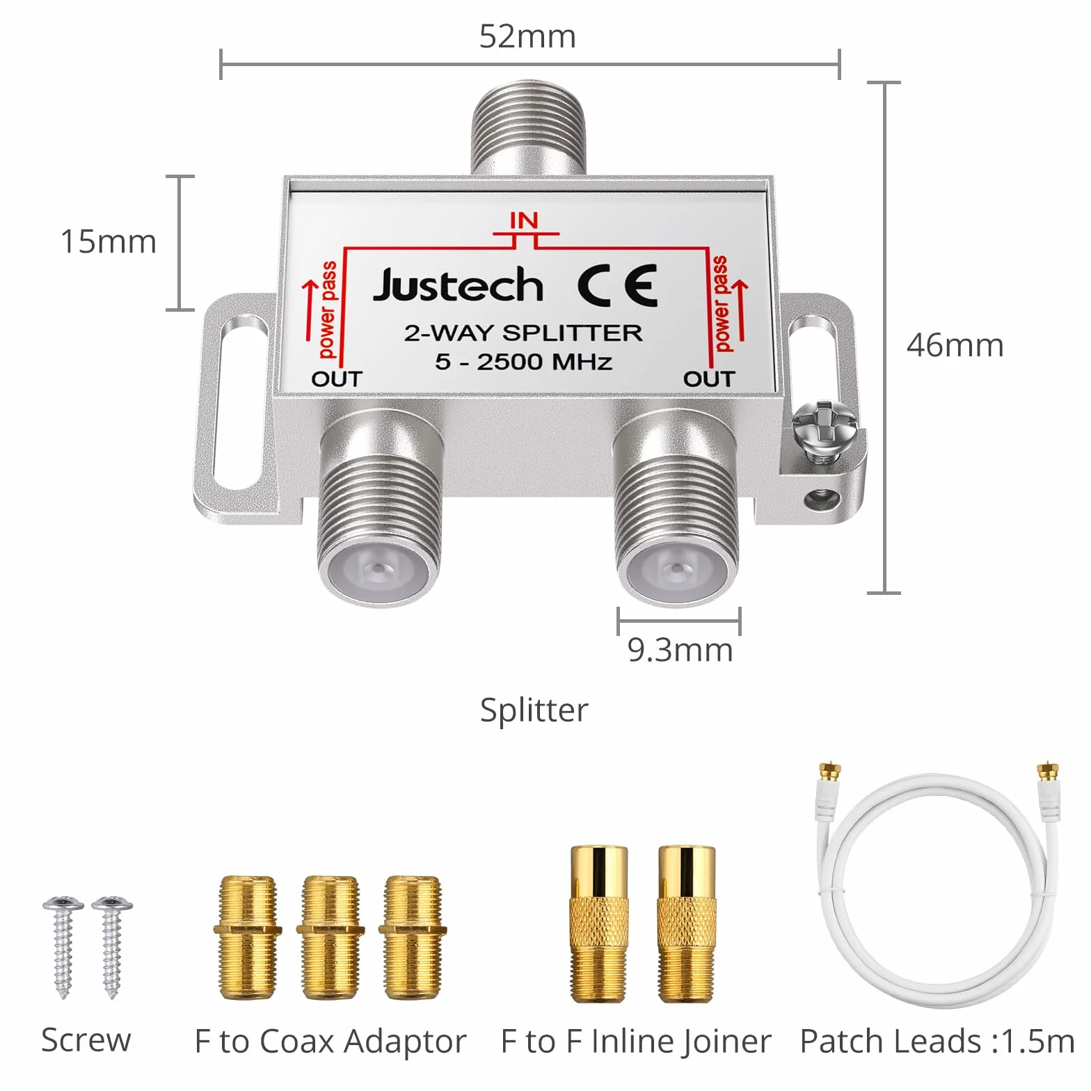 Justech 2-krotny adapter telewizyjny radio F wtyczka kabel antenowy rozdzielacz satelitarny rozdzielacz metalowy rozdzielacz TV w zestawie adapter + kabel + 2 x wtyczka F do wtyczki koncentrycznej + 3