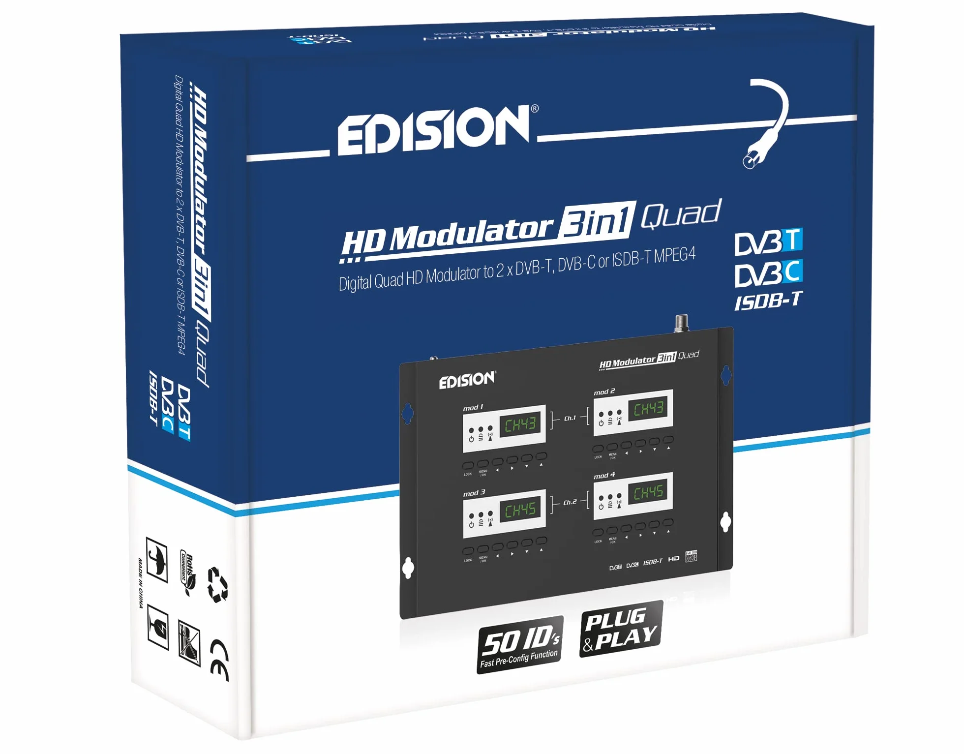 EDISION HDMI MODULATOR 3in1 QUAD, Modulator RF 4x HDMI do naziemnego DVB-T, ISDB-T lub kabel DVB-C MPEG4, 3 DO WYBORU SYGNAŁY modulacji, Dystrybucja Full HD przez kabel koncentryczny, Podłącz i graj