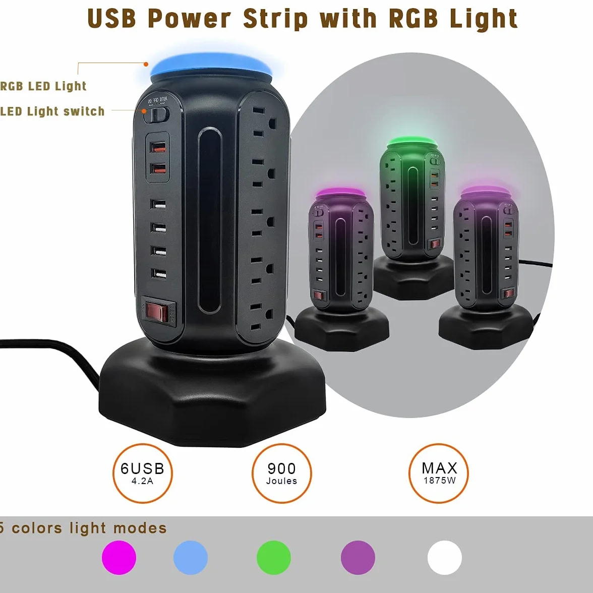 Power Strip Tower 15 gniazd, 6 portów USB, ochrona przeciwprzepięciowa z kolorowym światłem LED i szybką ładowarką USB, stacja ładująca komputer z wytrzymałym przedłużaczem 6,5