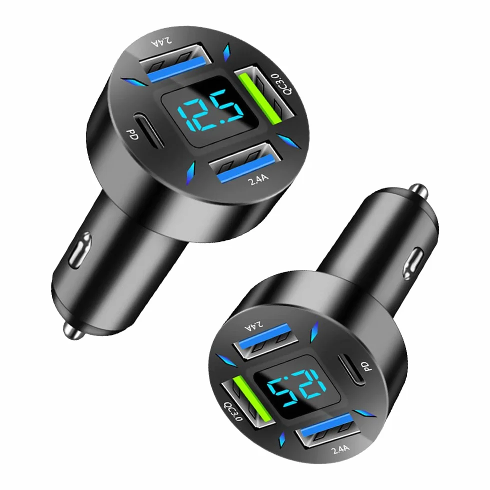 2 szt., 4 porty USB ładowarka samochodowa adapter USB z woltomierziem, port typu C PD 3.1/QC 3.0, super szybkie ładowanie, wtyczka zapalniczki samochodowej do iPhone'a 14, 13, 12, S22, S21, S20, iPada