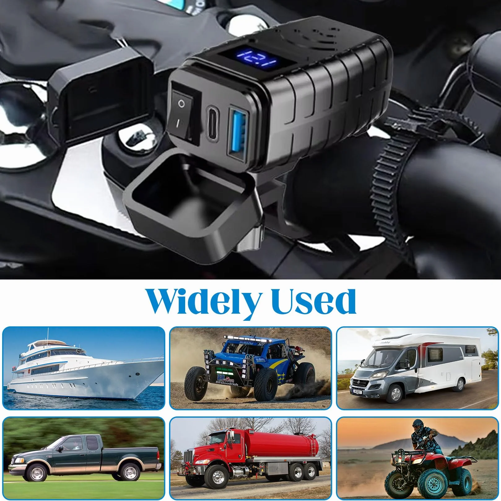 Idota Motocyklowe gniazdo USB Multi kabel USB adapter szybkozłączki | Wodoszczelna ładowarka z włącznikiem/wyłącznikiem i funkcją Quick Charge typu C do motocykli i kamperów