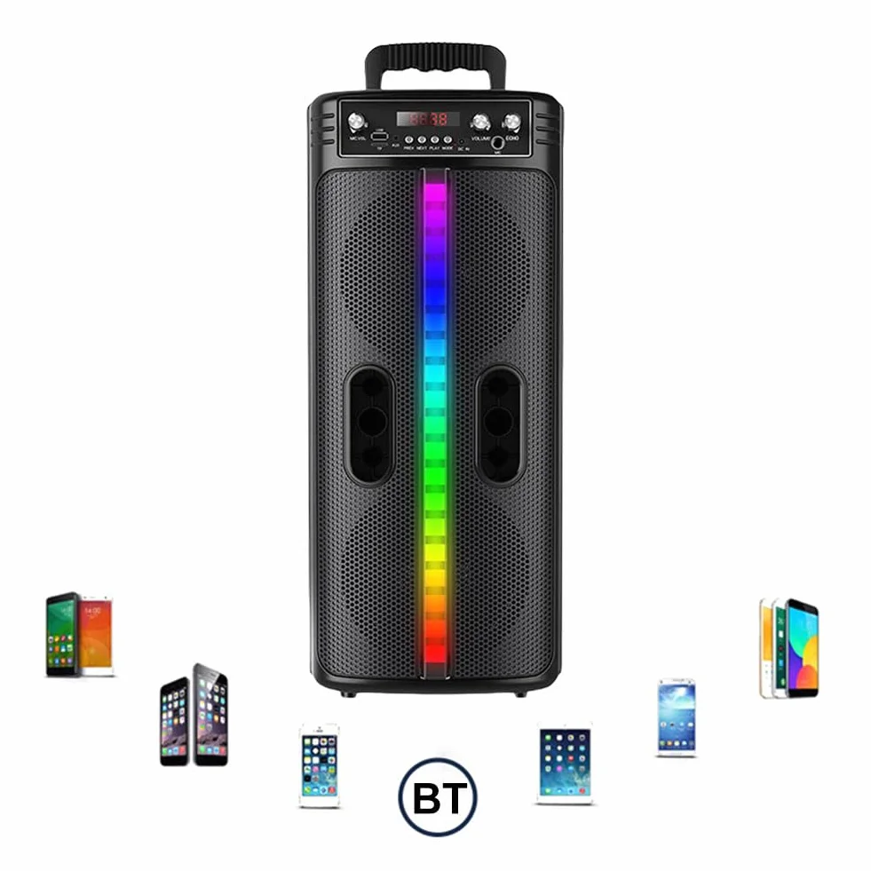 Głośnik Bluetooth ze zdalnym mikrofonem, podwójny subwoofer stereo system dźwiękowy, radio FM, kolorowe światła, przenośna podróż na świeżym powietrzu
