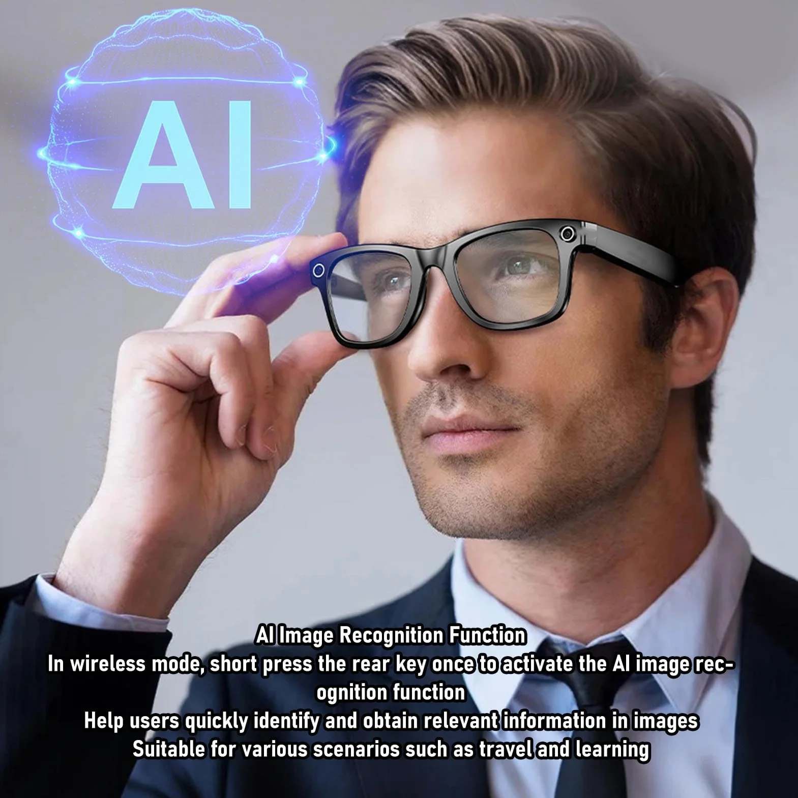 ASHATA AI Smart Okulary, 5.3 Tłumaczenie Inteligentne Okulary z 25 Językami 1080p Zdjęcie Robienie Wideo Chatgpt 4.0 Dostęp do Handsfree Music i Wzywa dla Mężczyzn i Kobiet