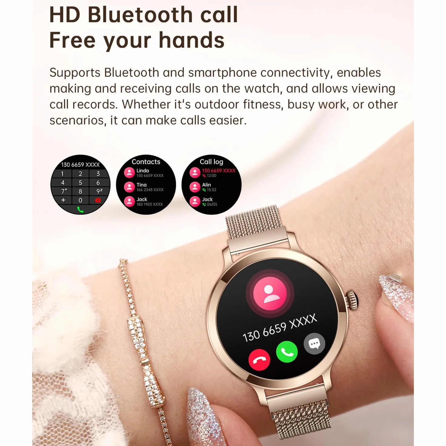 LONGLU Smart Watch dla kobiet z połączeniem Bluetooth, smartwatch kompatybilny dla telefonów iOS i Android z odbieraniem/wykonywaniem połączeń Wodoodporne tętno Ciśnienie krwi Tlen sen (złoto)