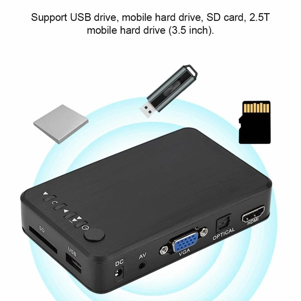 Odtwarzacz multimedialny, odtwarzacz multimedialny audio i wideo 1080P HD HDMI Obsługuje USB, kartę SD, dysk twardy z pilotem na podczerwień, 110 V-240 V. (UE)