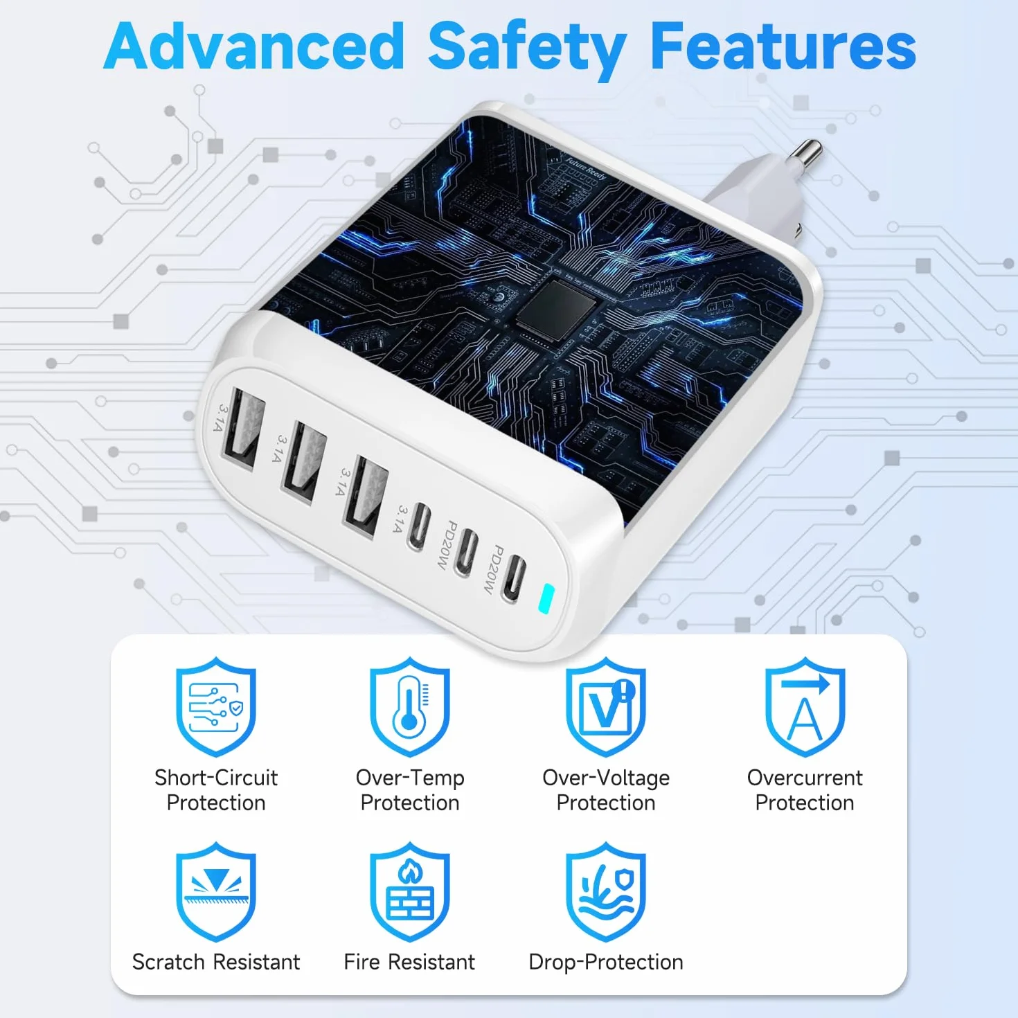 Chargeur USB C Rapide, 60W 6 Port Prise USB C Chargeur Rapide iPhone Prise USB Multiple Adaptateur Multiple USB pour iPhone 17/16/15/14/13/12/11 Pro Max/iPad Pro,S25/S24/S23/S22/S21