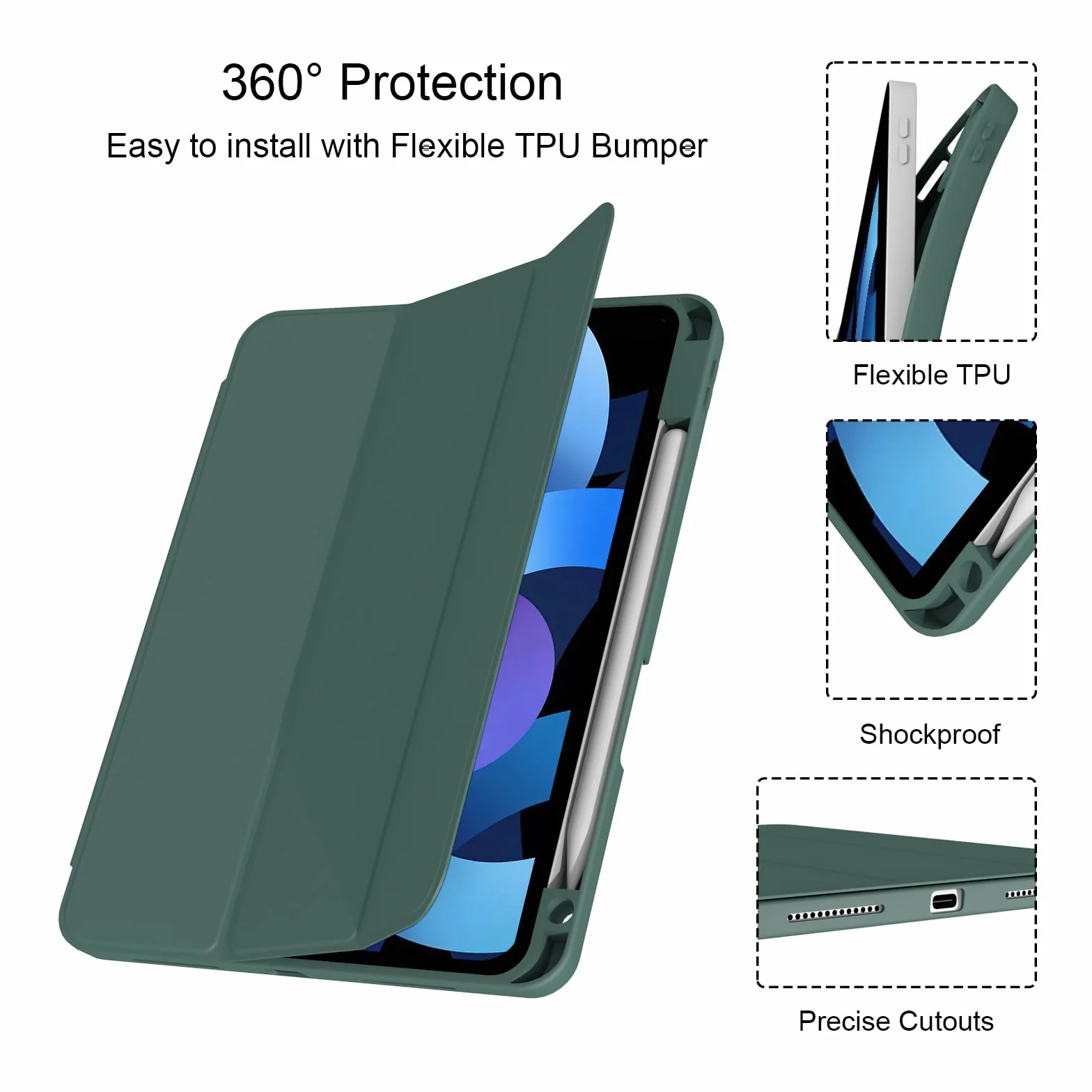 Etui do iPad Air 11 cali M4/M3/M2 (2026/2025/2024) oraz iPad Air 5./4. gen. 10,9 cala (2022/2020), miękki tył TPU, automatyczne budzenie/usypianie, z uchwytem na rysik, Ciemnozielony