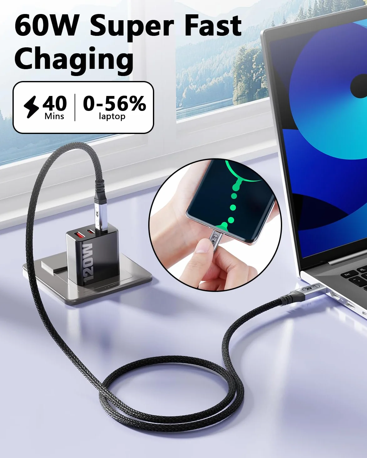 Długi kabel USB C, 10 m, USB-C transfer danych 5 Gb/s, typ C 60 W, szybkie ładowanie, 4K 60 Hz, transfer wideo do monitora, laptopa, koncentratora, SSD, wyświetlacza. Stacja dokująca