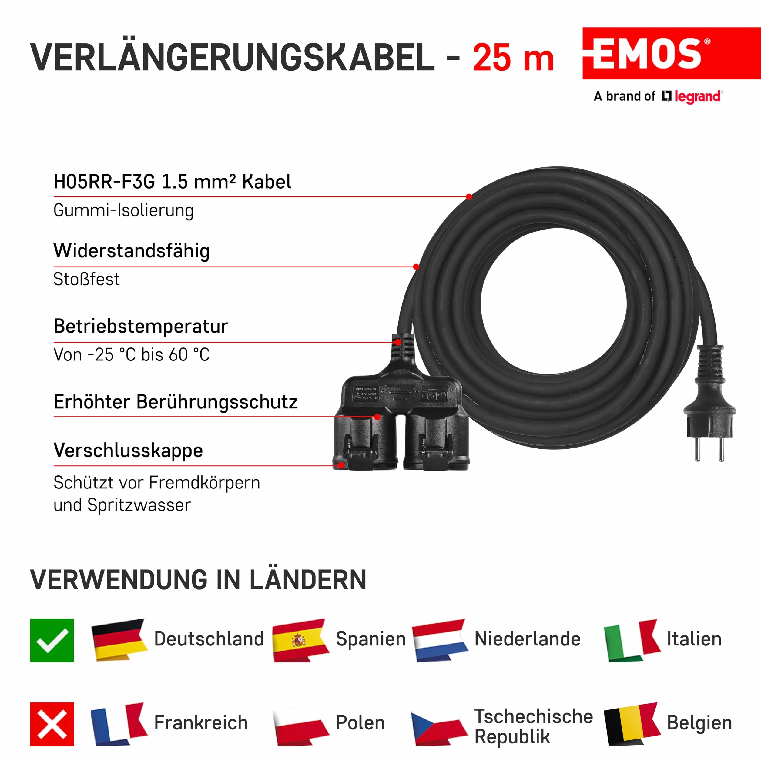 EMOS - Przedłużacz IP44 25 m - 2 gniazda Schuko - wodoszczelny, odporny na uderzenia, odporny na wysokie temperatury i zimno - 230 V, 16 A, 3680 W - izolacja gumowa - H05RR-F3G 1,5 mm2 - do użytku na