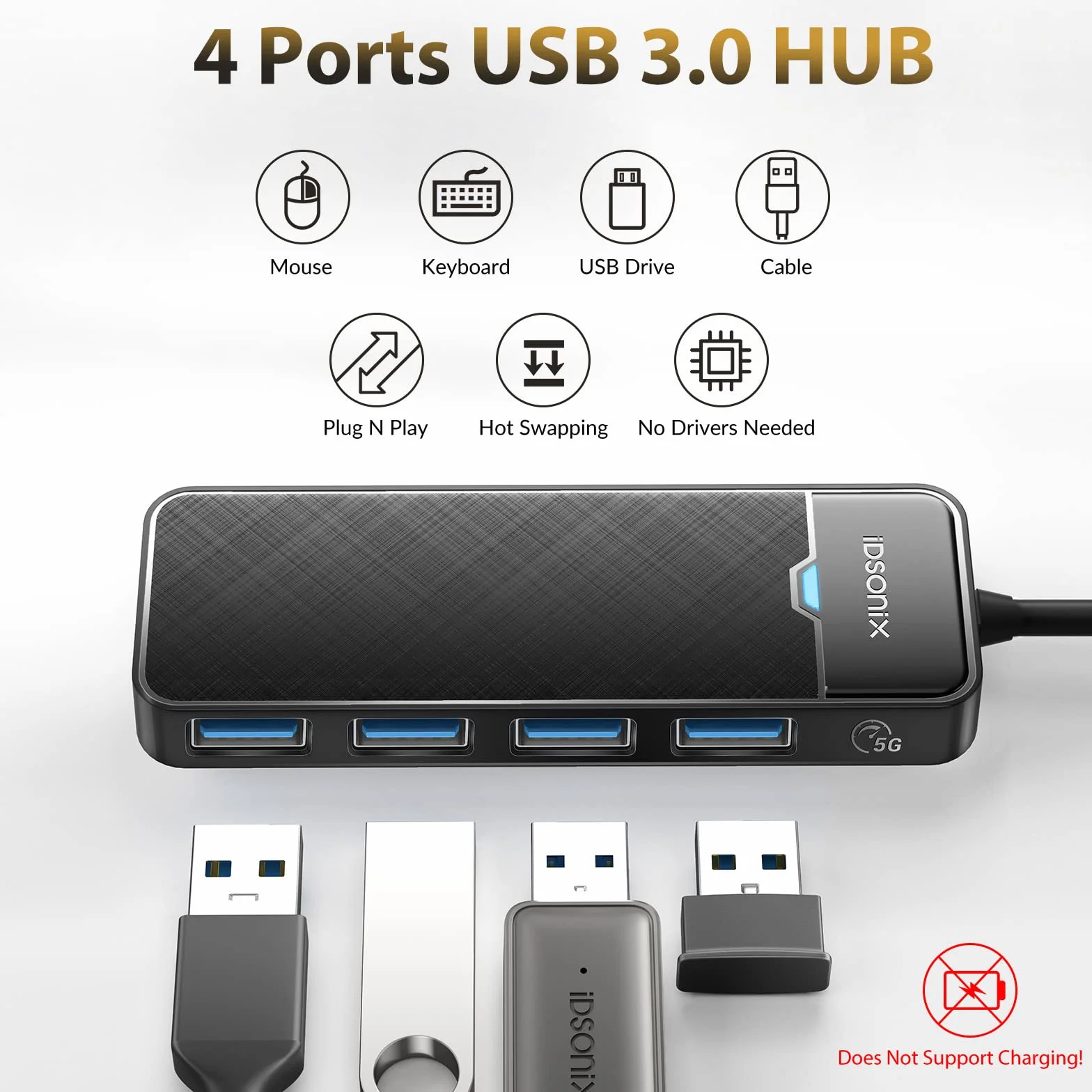 iDsonix Hub USB 3.0 z rozszerzonym kablem o długości 180 cm, 4-portowy hub USB 3.0, ultra cienki rozdzielacz USB, adapter wieloportowy do laptopa, komputera, MacBooka, pendrive'a, czarny