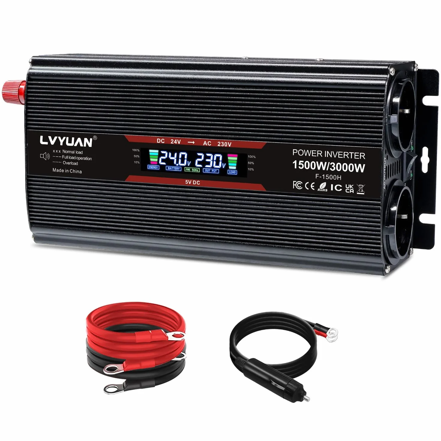 LVYUAN Przetwornica napięcia 24 V 230 V 1500 W/3000 W, przetwornica prądu z 4 bezpiecznikami, ekran LCD, 2 gniazda europejskie, wentylator i złącza USB 5 V, w zestawie wtyczka zapalniczki samochodowej, kolor czarny