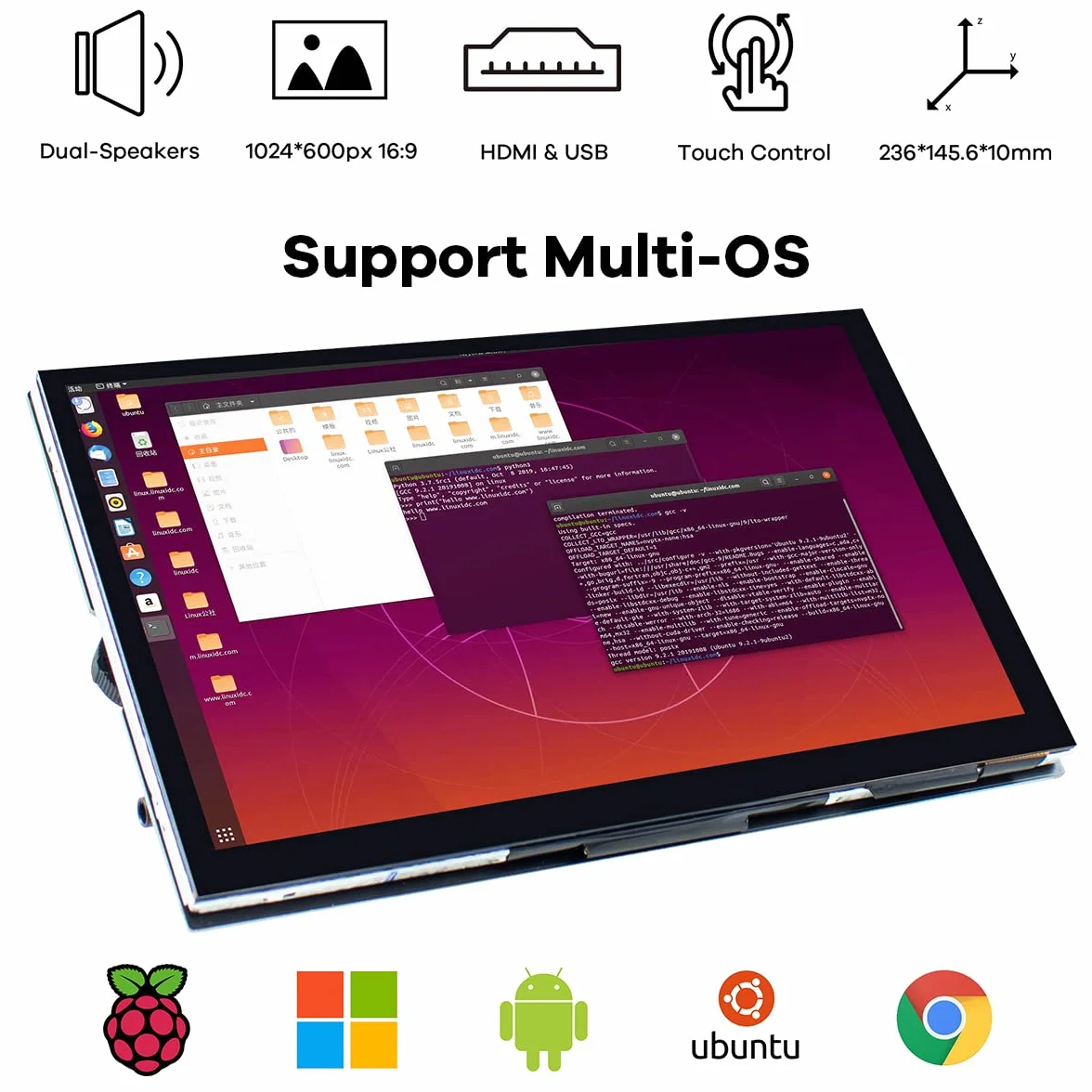Hosyond 10,1-calowy pojemnościowy ekran dotykowy IPS LCD wyświetlacz HDMI przenośny monitor 1024 x 600 wbudowane podwójne głośniki do Raspberry Pi 4 3 2 Zero B+ Model B Xbox PS4 Windows 7/8/10