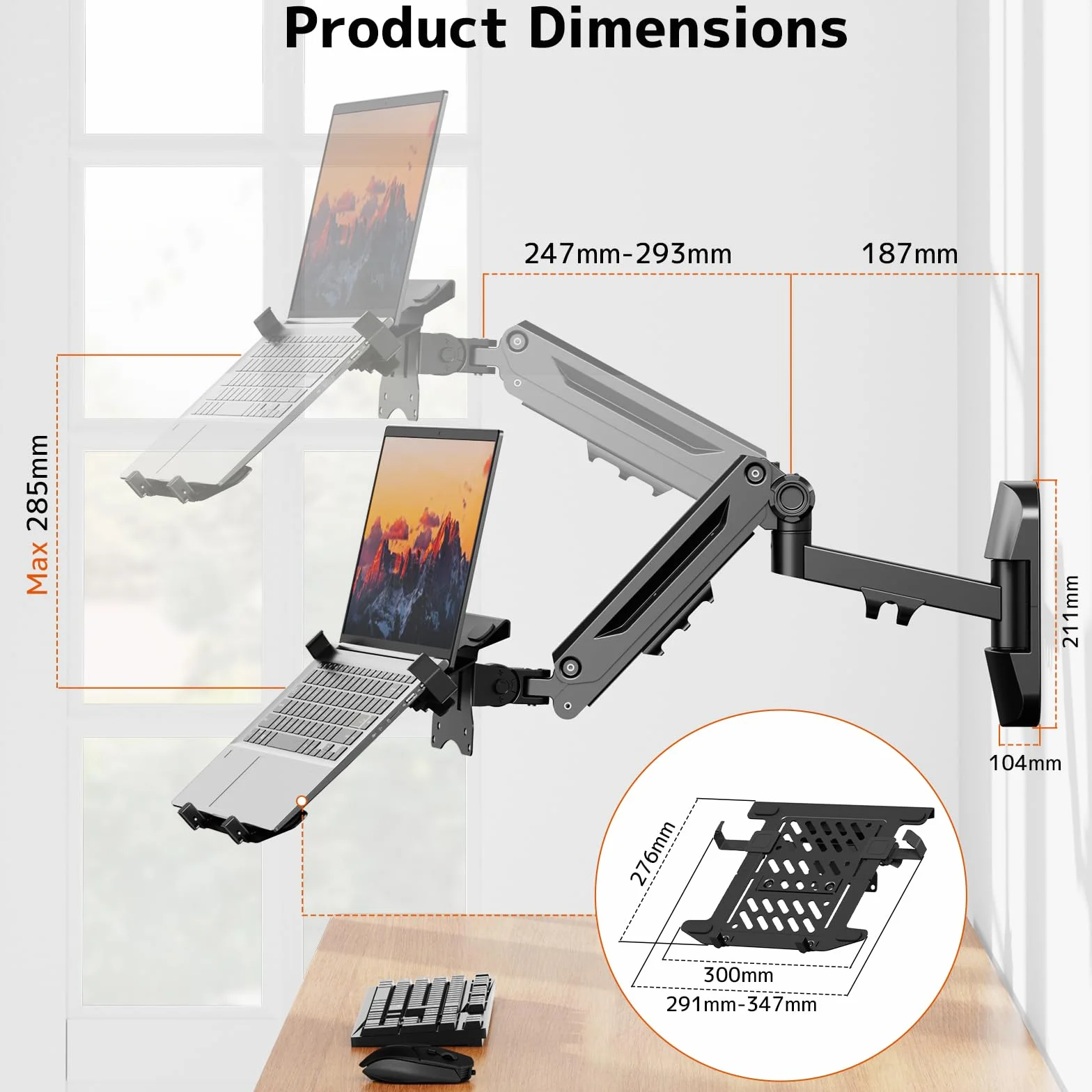 PUTORSEN Uchwyt ścienny 2 w 1 do laptopa, ramię sprężyny gazowej laptopa 10-18 cali i ekran 17-40", regulowany pełny ruch, może wytrzymać 1-12 kg