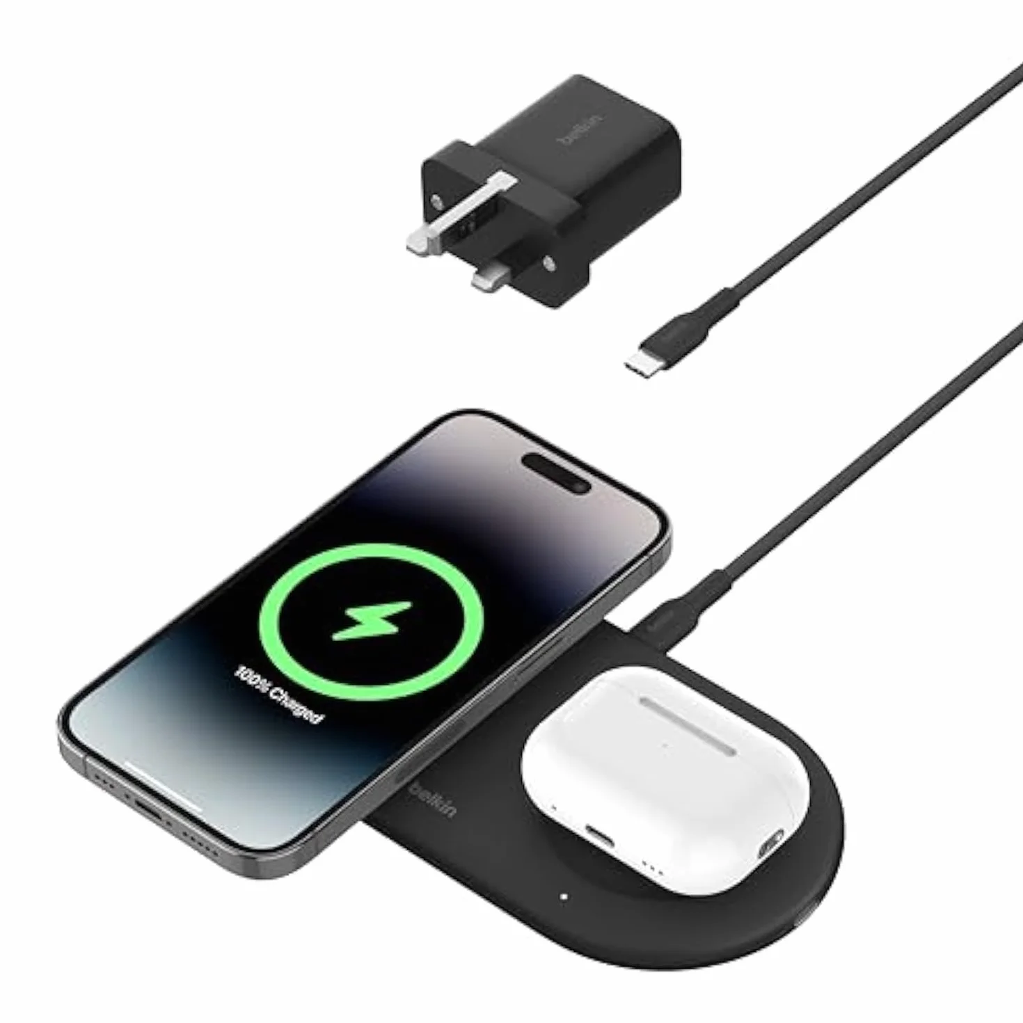 Belkin BoostCharge Pro bezprzewodowa podkładka ładująca 2 w 1 z magnetycznym Qi2 15 W, szybkie ładowanie, bezprzewodowa ładowarka do iPhone'a, kompatybilna z iPhone 16/15/14, AirPods, urządzeniami