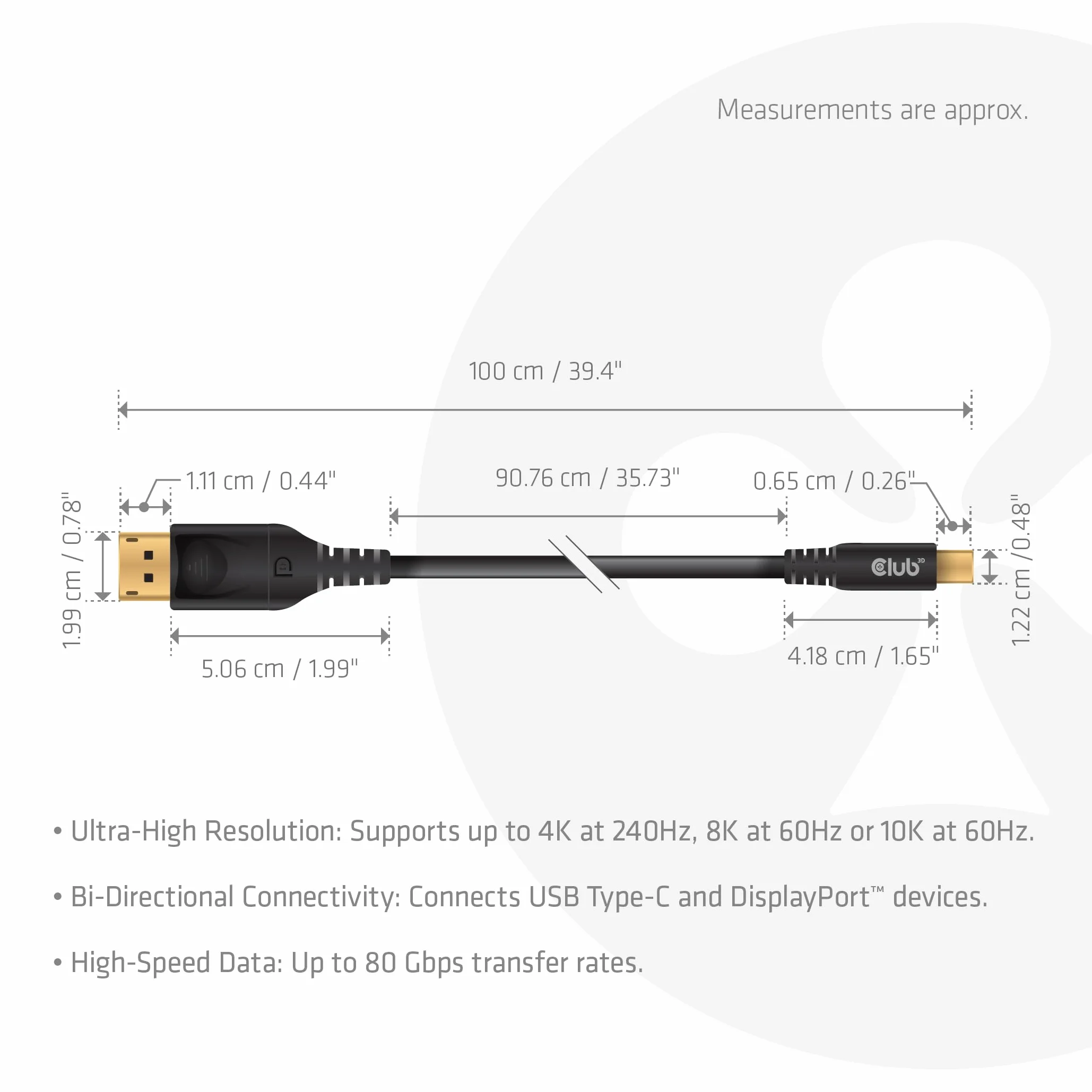 CLUB3D USB Type-C do DISPLAYPORT DP80 BIDIRECTIONAL VESA Certified Cable 1M/3.28 FT - Kabel - Cyfrowy/Daten Kabel USB