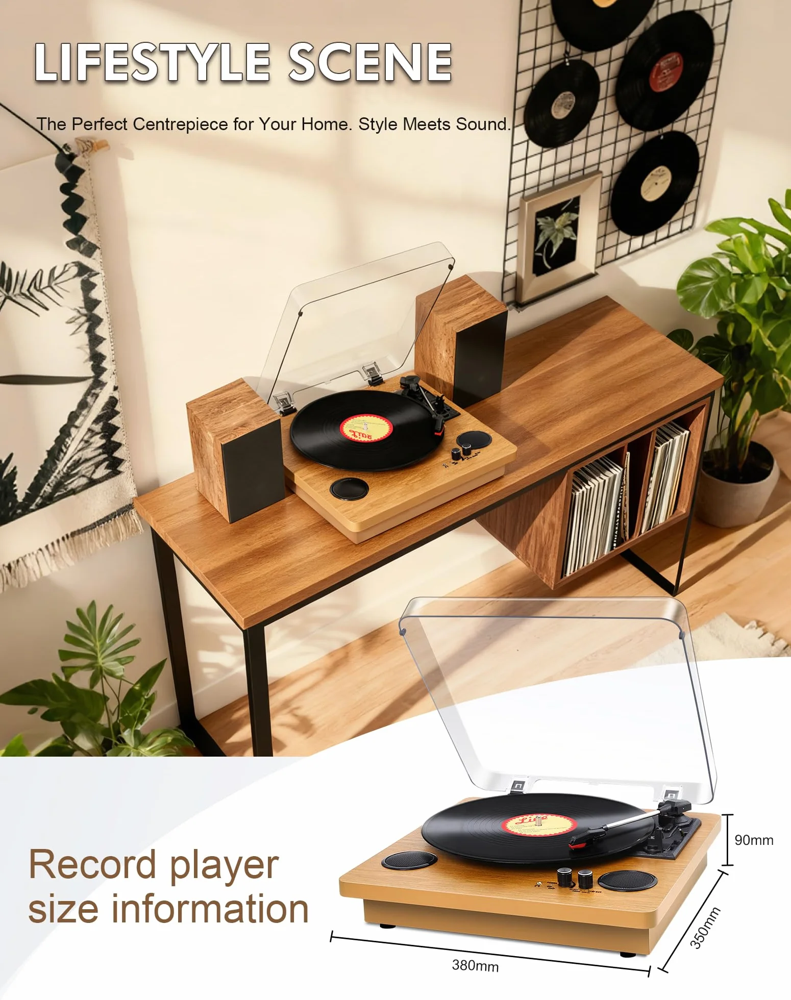 VIFLYKOO Gramofon Bluetooth 5.4,Gramofon z 2 Głośnikami Stereo, Bezprzewodowy 3-biegowy 33/45/78 obr./min, Retro Gramofony Obsługuje Wejście Słuchawkowe/Wejście AUX/Wyjście RCA/USB