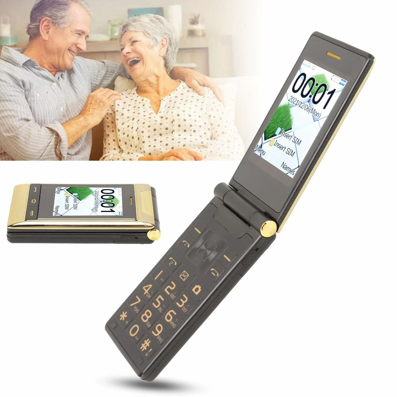 Telefon z klapką dla seniorów, 3G duży ekran dwustronny 3.0 calowy telefon komórkowy duże przyciski 5900 mAh długi tryb gotowości, podwójna karta SIM, latarka LED, telefon komórkowy złoto