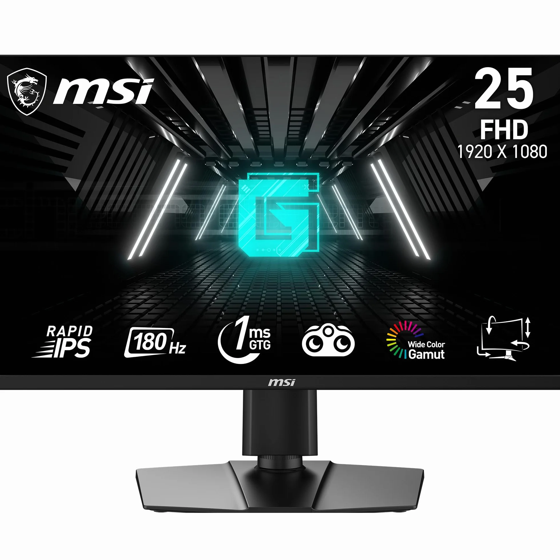 MSI G255PF E2 24,5-calowy ekran do gier FHD - szybki panel IPS 1920 x 1080, 180 Hz / 1ms (GtG), gama kolorów sRGB 99%, adaptacyjna synchronizacja - DP 1.2a, HDMI 2.0b CEC
