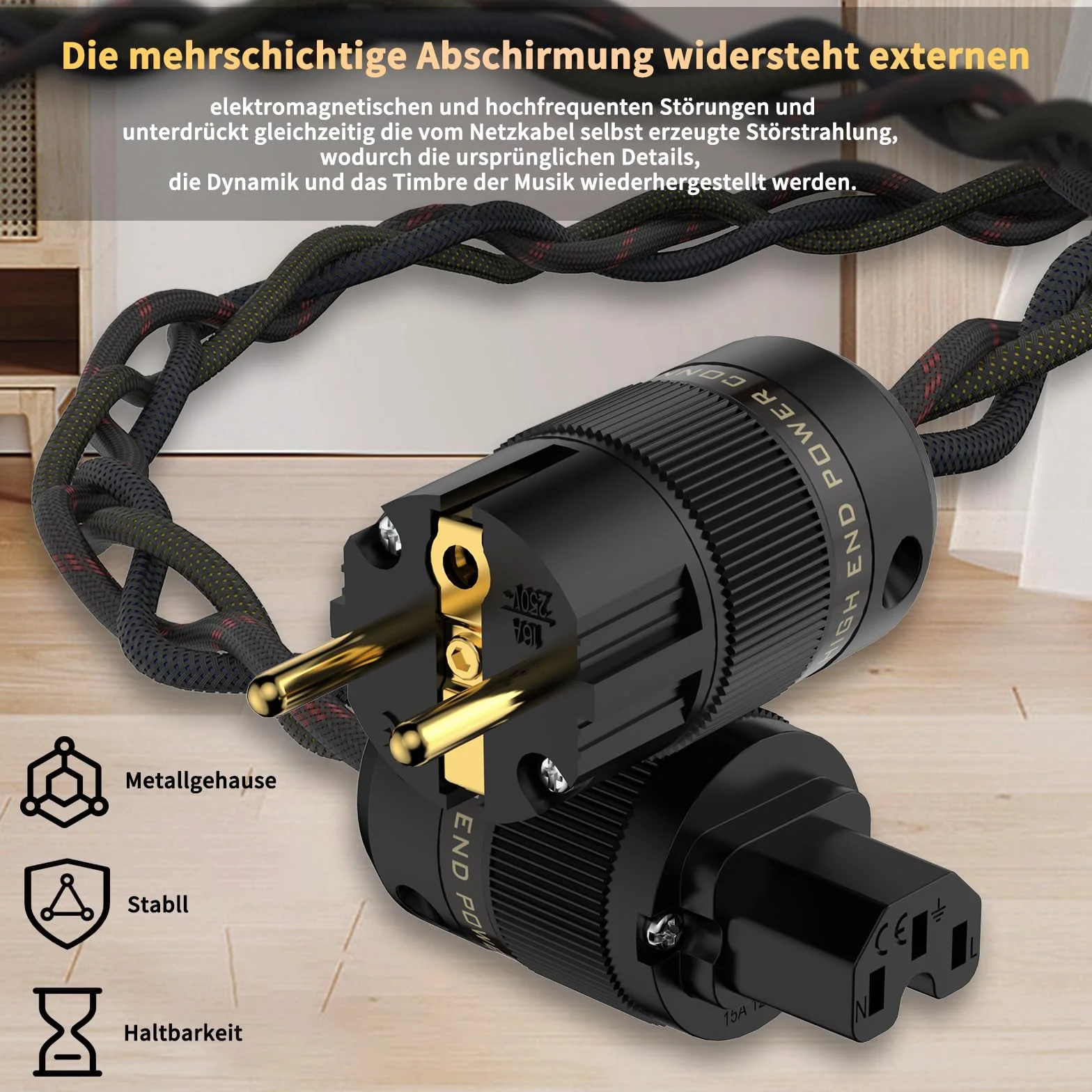 High-End kabel sieciowy HiFi kabel sieciowy z wtyczką Schuko i złączem zimnego do subwoofera, wzmacniacza, złącza DV/AV C15 (1,5 m)