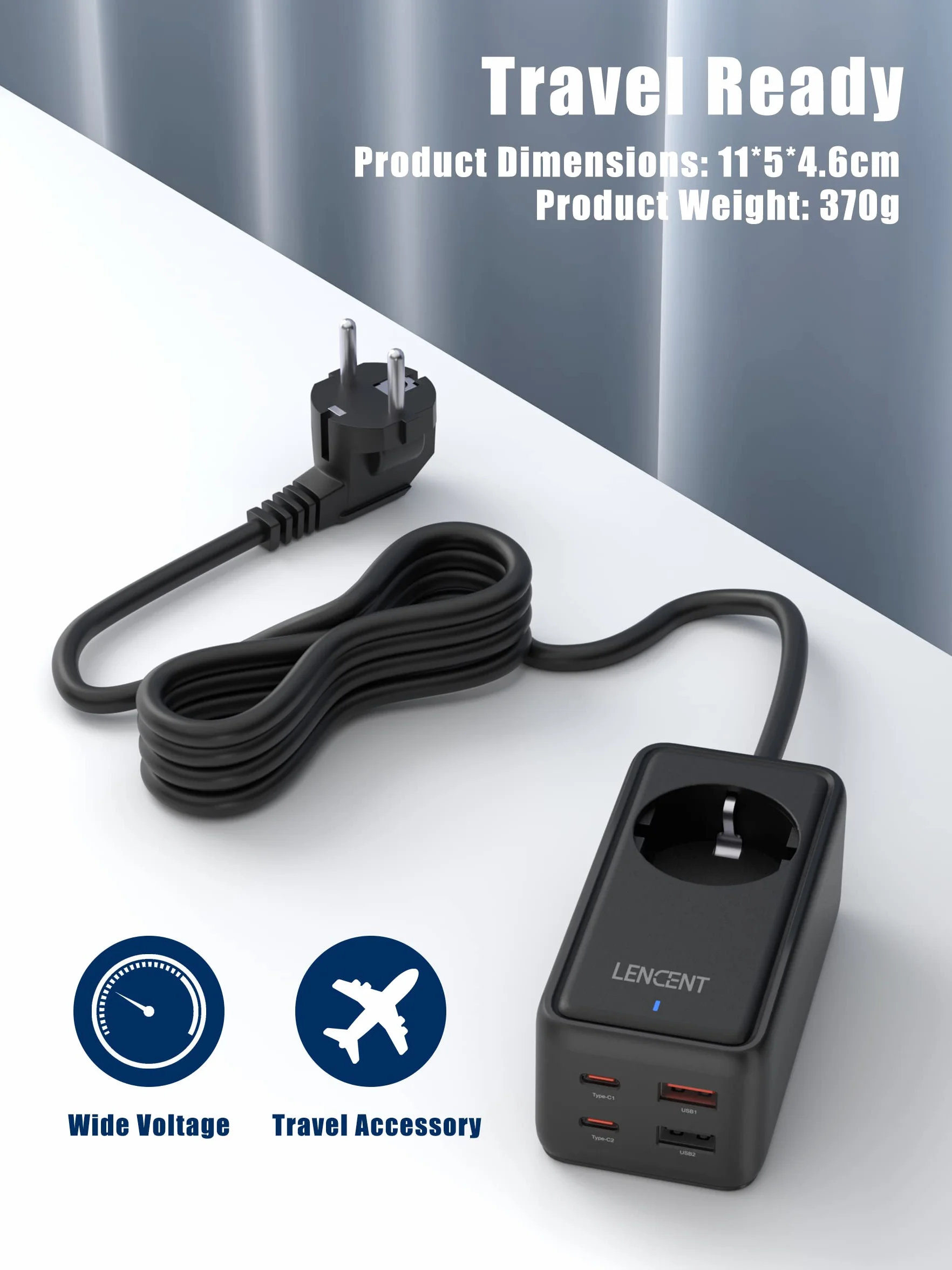 LENCENT 65W Listwa Zasilająca z GaN III Tech, Gniazdko z Przełącznikiem | USB Szybkie ładowanie Gniazdami z 1 AC + 4 USB (2 PD USB-C + 2 USB-A), 5 w 1 Wielokrotna Wtyczka 1.5M Kablem, Czarny