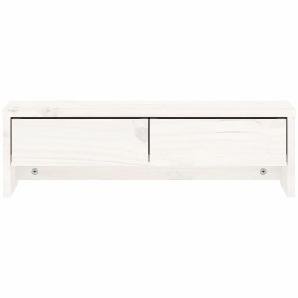 Biały stojak na monitor z litego drewna sosnowego, 50 x 27 x 15 cm, z dwiema szufladami, nakładka na biurko do pracy, biura, biura domowego i gier jako ergonomiczna półka