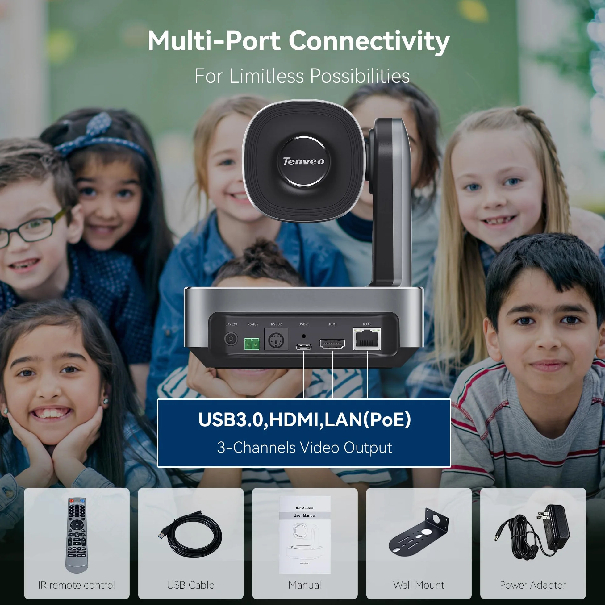 Tenveo 4K PTZ Kamera Do Transmisji Strumieniowej HDMI/USB3.0/PoE/RJ45 Konferencyjna z 12-Krotnym Zoomem Optycznym - Szeroki Kąt Widzenia dla YouTube/OBS, Skype/Zoom