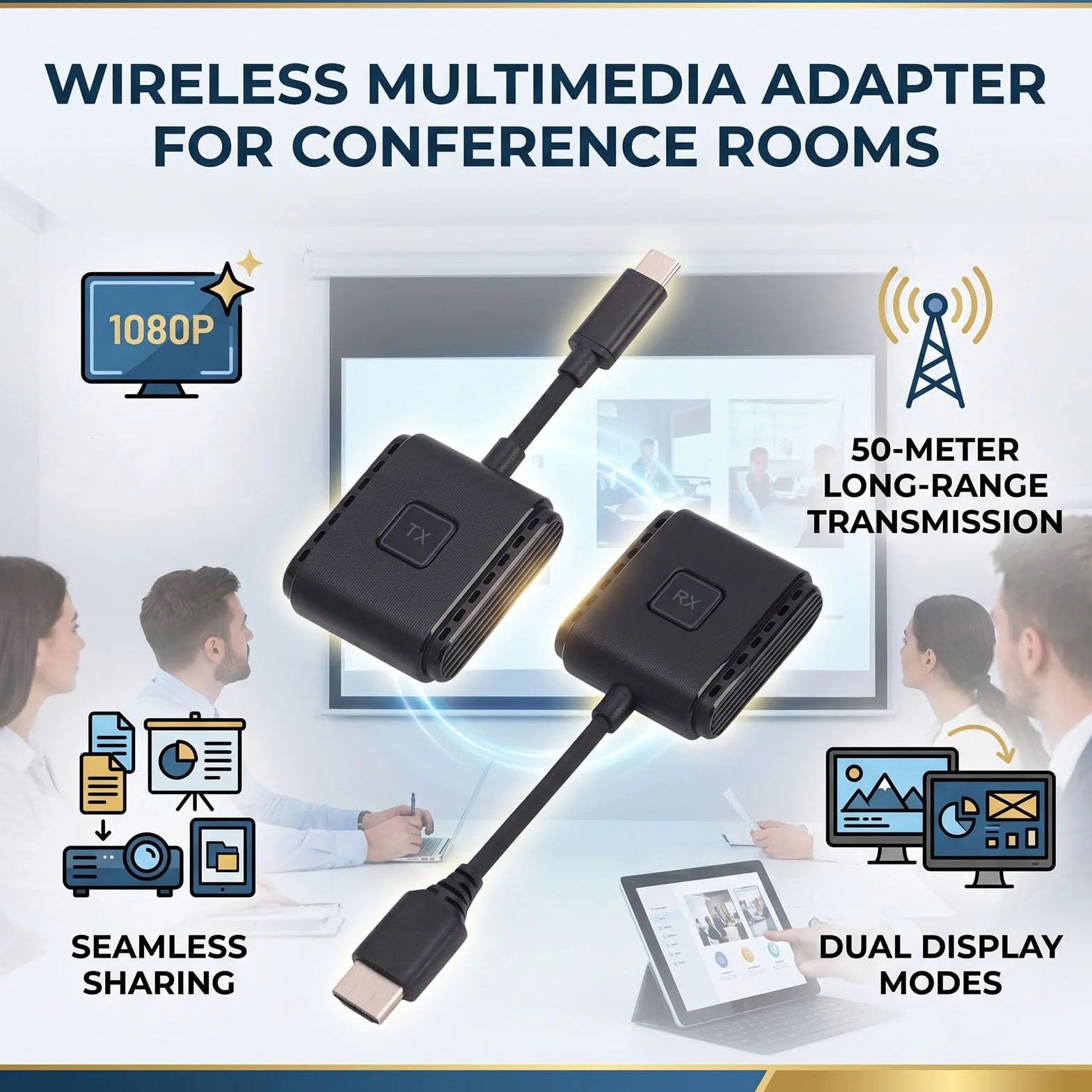 Bewinner Bezprzewodowy Zestaw Nadajnika i Odbiornika HD, Interfejs Multimedialny Typu C do HD Adapter do Lustrzanego Odbicia Ekranu 1080P 60 Hz Projektora Laptopa w Sali Konferencyjnej