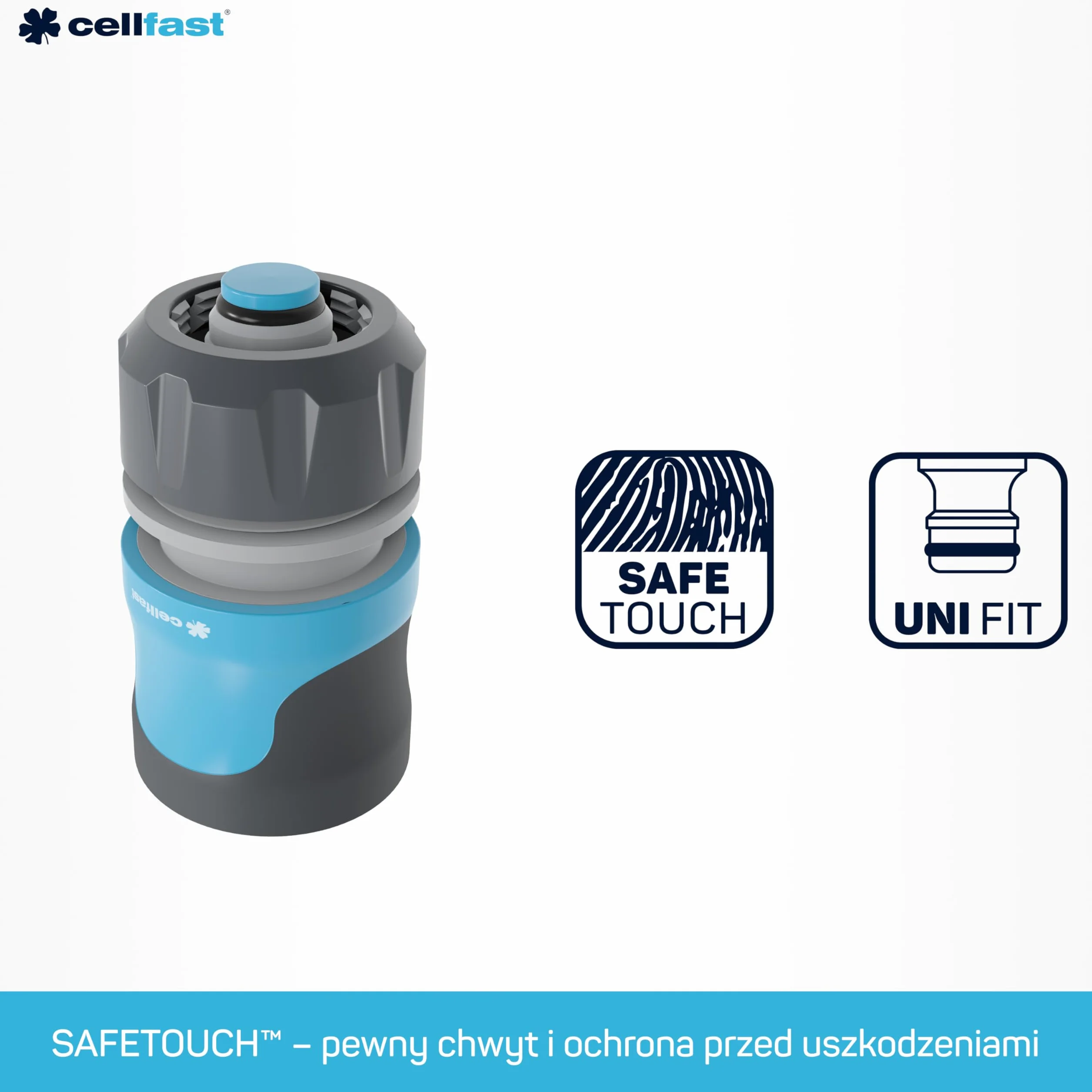 Cellfast Szybkozłącze - stop SAFETOUCH IDEAL™ 1/2" - 5/8", Połączenie dwóch końców węży, Tworzywo PC/ABS, Ergonomiczny kształt, 51-622