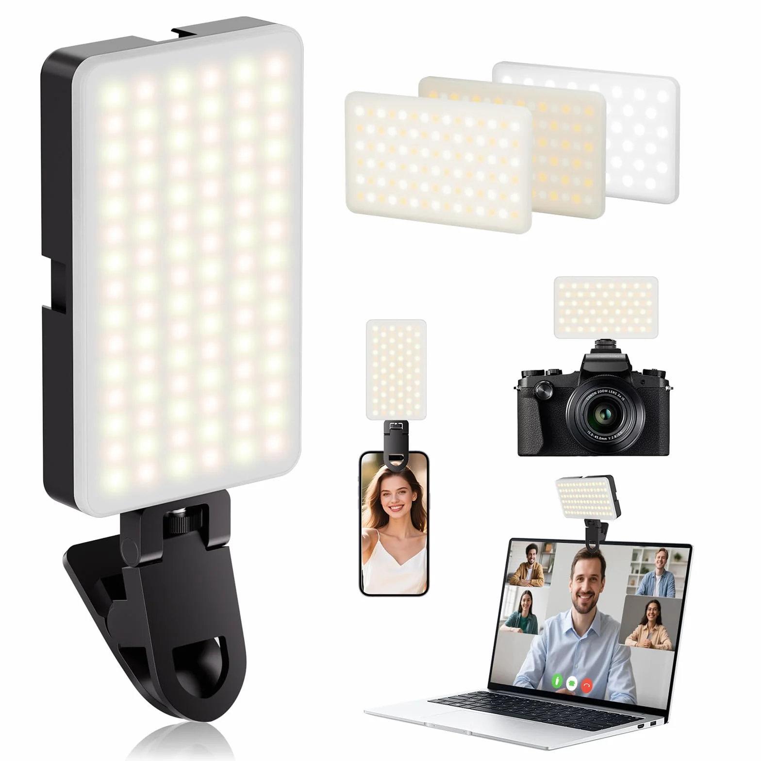 90 LED Przenośna Lampka do Selfie, CRI 95+ Akumulator Lampka Wypełniająca do Telefonu z Klipsem, Regulowane 3 tryby światła i 10 Poziomów Jasności do Telefonu, Laptopa, Aparatu