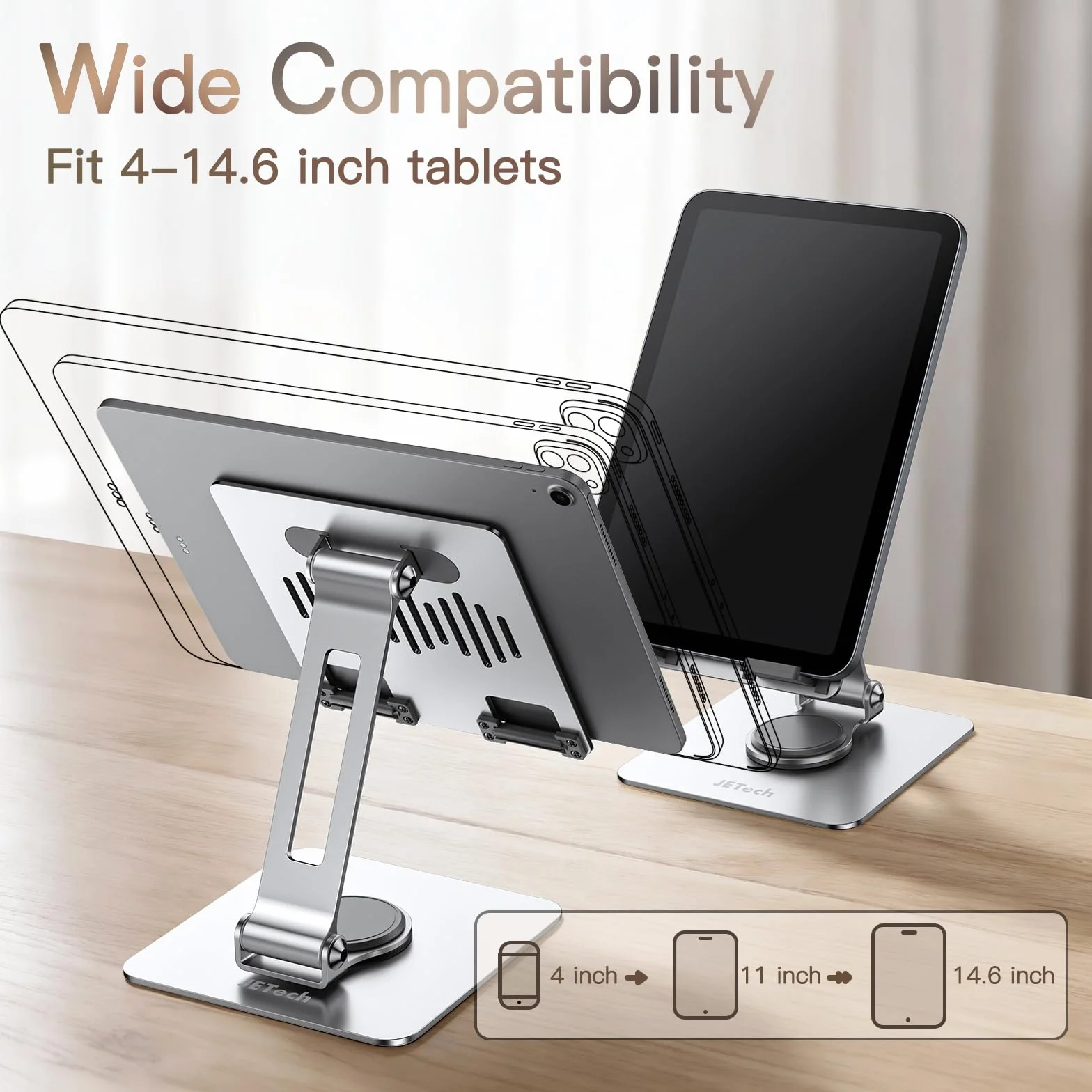 JETech Stojak Tablet, Regulowany Obrotowy Uchwyt na Biurko z Obrotową Podstawą 360 Stopni, Składana Podstawka dla iPad/iPad Air/Pro/Mini, Galaxy Tab A11/A9/S11/S10 FE, Tab/Phones(4-13"), Srebrny