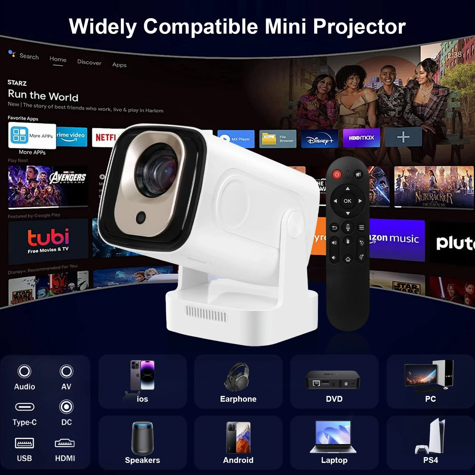 DCHAV Przenośny projektor bezprzewodowy z regulacją 180° – dekodowanie wideo 4K, system Android, automatyczna korekcja trapezu, kino domowe na zewnątrz, kompatybilny z telefonem i laptopem