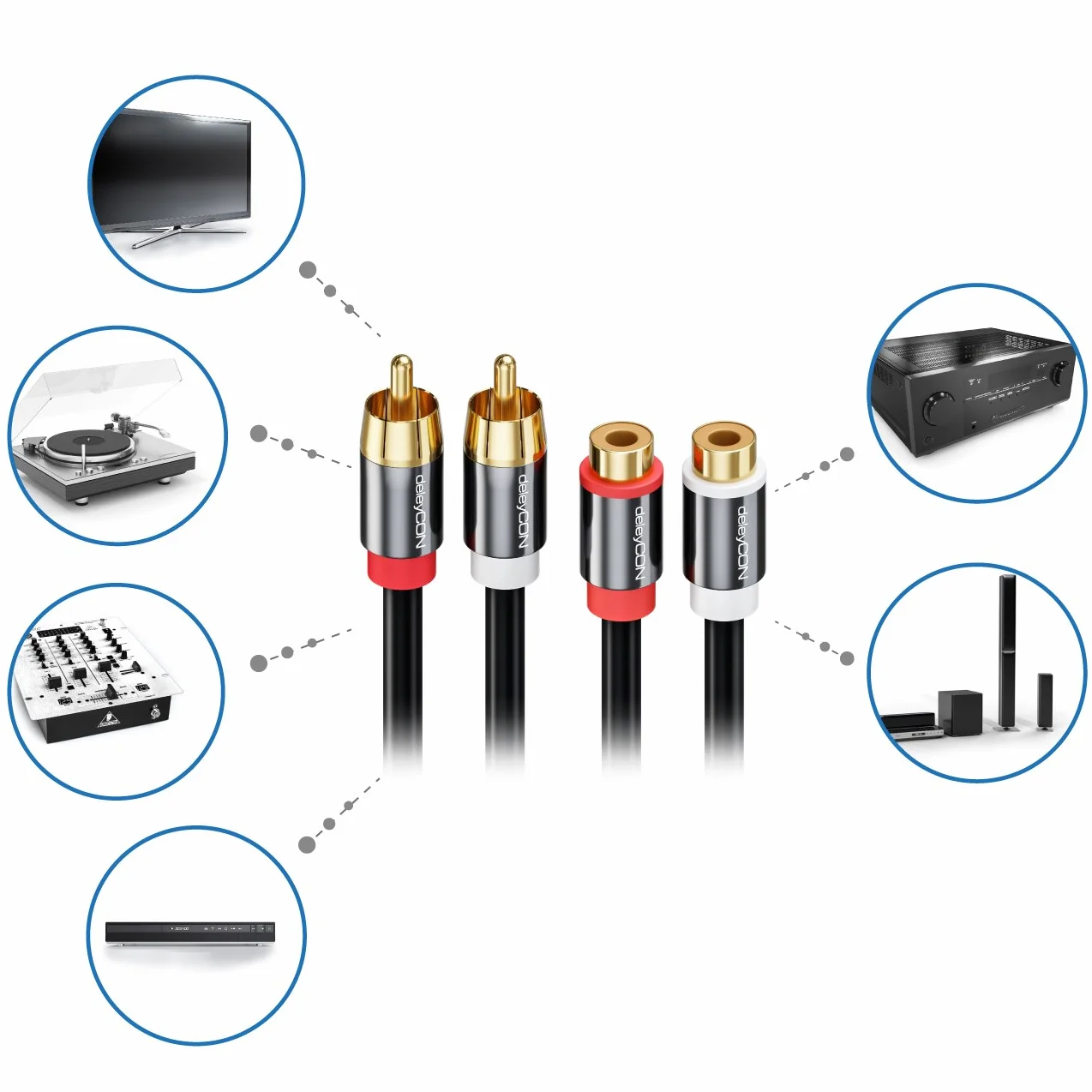 deleyCON 3,0m Przedłużacz Cinch RCA Stereo Audio - 2x Wtyk do 2x Gniazdo - Pozłacane Metalowe Wtyki Czarny