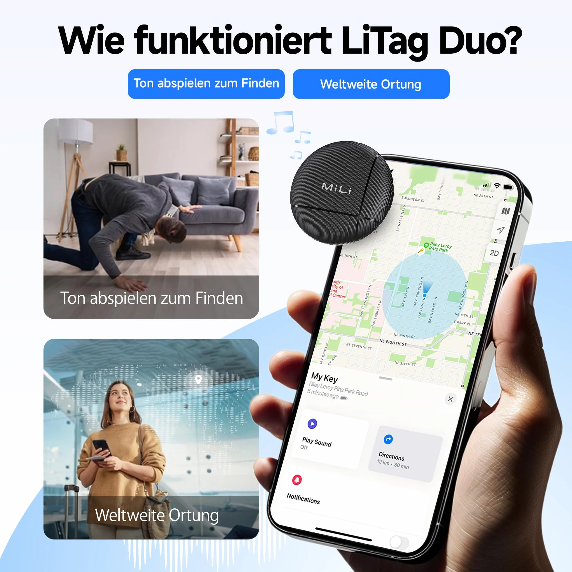 MiLi LiTag Duo Lokalizator Bluetooth Kompatybilny z Apple Android Wymienna Bateria 1 Pack