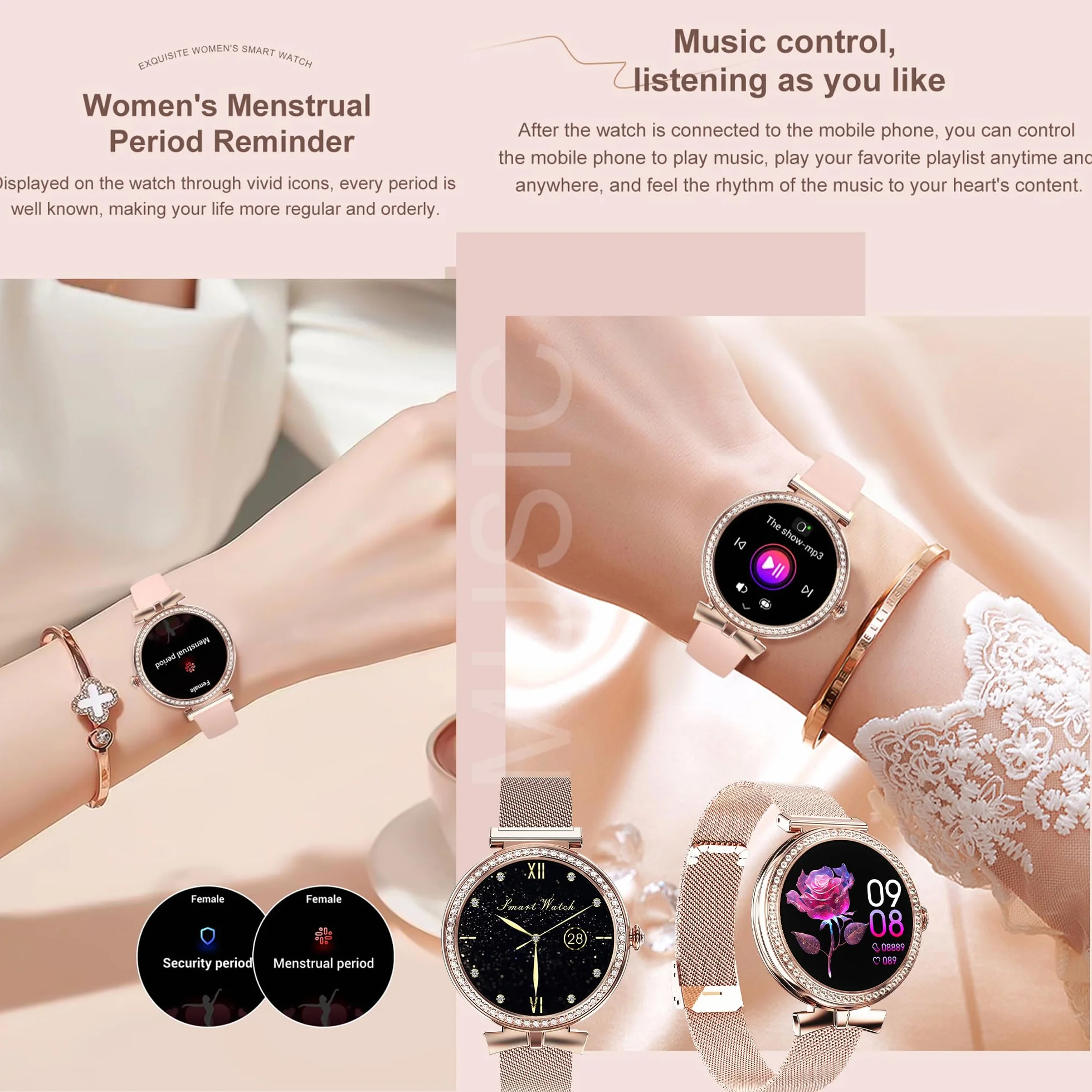 Smartwatche Kobiety z Funkcje Telefonu Bluetooth, Sportowy Diamanti Smart Watch 1,2 AMOLED ze 123 Sportowymi, Odtwarzaczem Muzycznym, Pomiarem Tętna, Wodoodpornością IP68 dla Android iOS (Złoto)