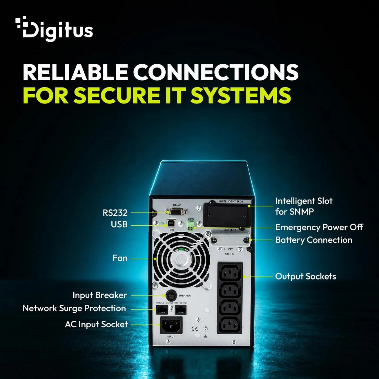 DIGITUS Zasilacz awaryjny – system UPS typu online – 1 kVA 1 kW – 4 gniazda IEC C13 – współczynnik mocy 1,0 – oprogramowanie UPS – porty RS232, RJ45 i USB – obudowa typu tower – czarny