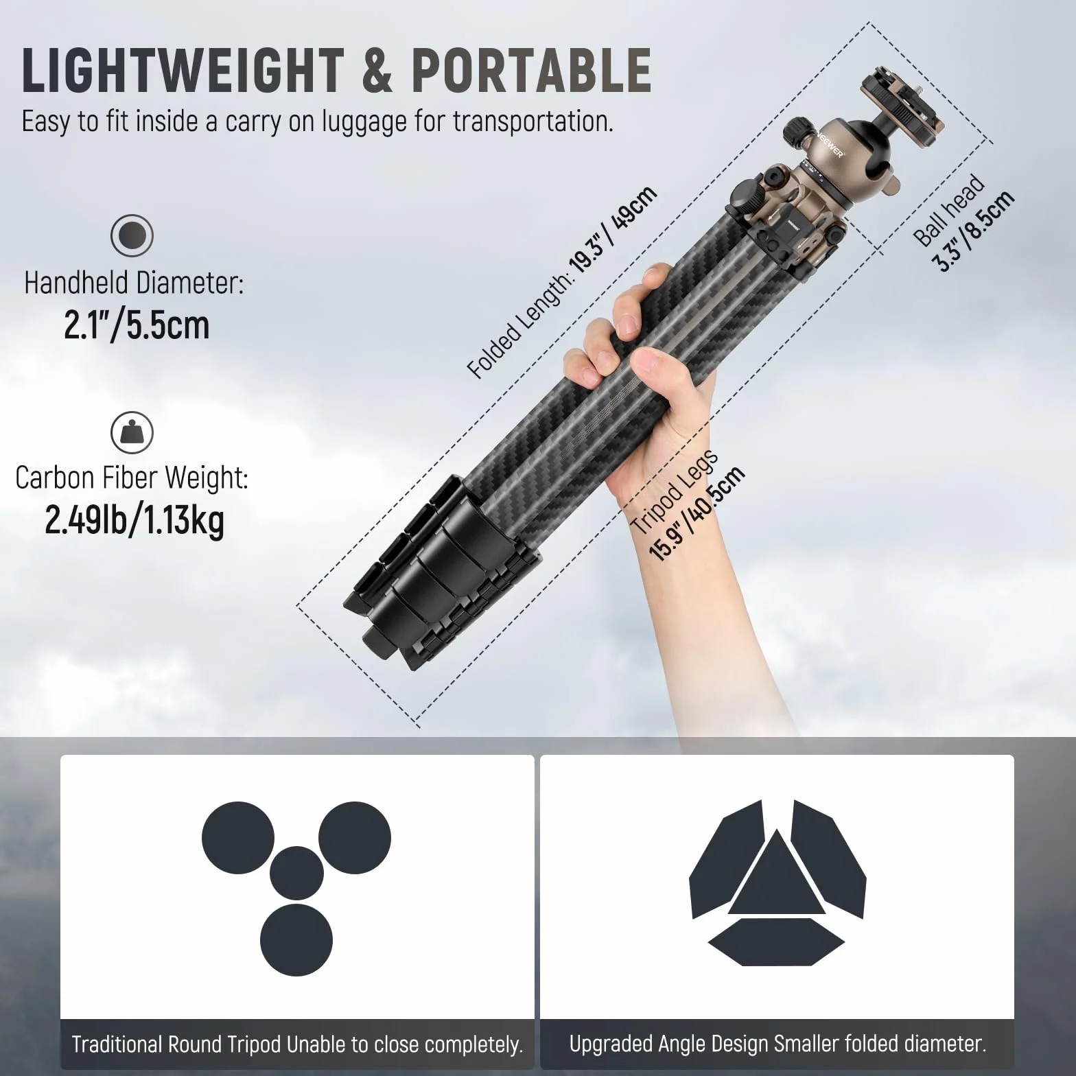 NEEWER LITETRIP LT35 statyw podróżny 155 cm węglowa głowica kulowa niskoprofilowa, płyta Arca kompatybilna z Peak Design V3, oś środkowa, uchwyt z zaciskiem do telefonu komórkowego 2w1, maks. 10 kg