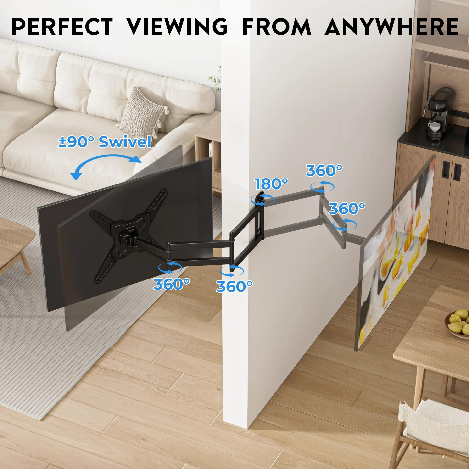 BONTEC Stojak na telewizor ścienny 26-65 cali, uchwyt ścienny do telewizora LED LCD OLED, płaskie i zakrzywione ramię telewizora, wysuwane ramię telewizora 95 cm, konstrukcja oszczędzająca miejsce