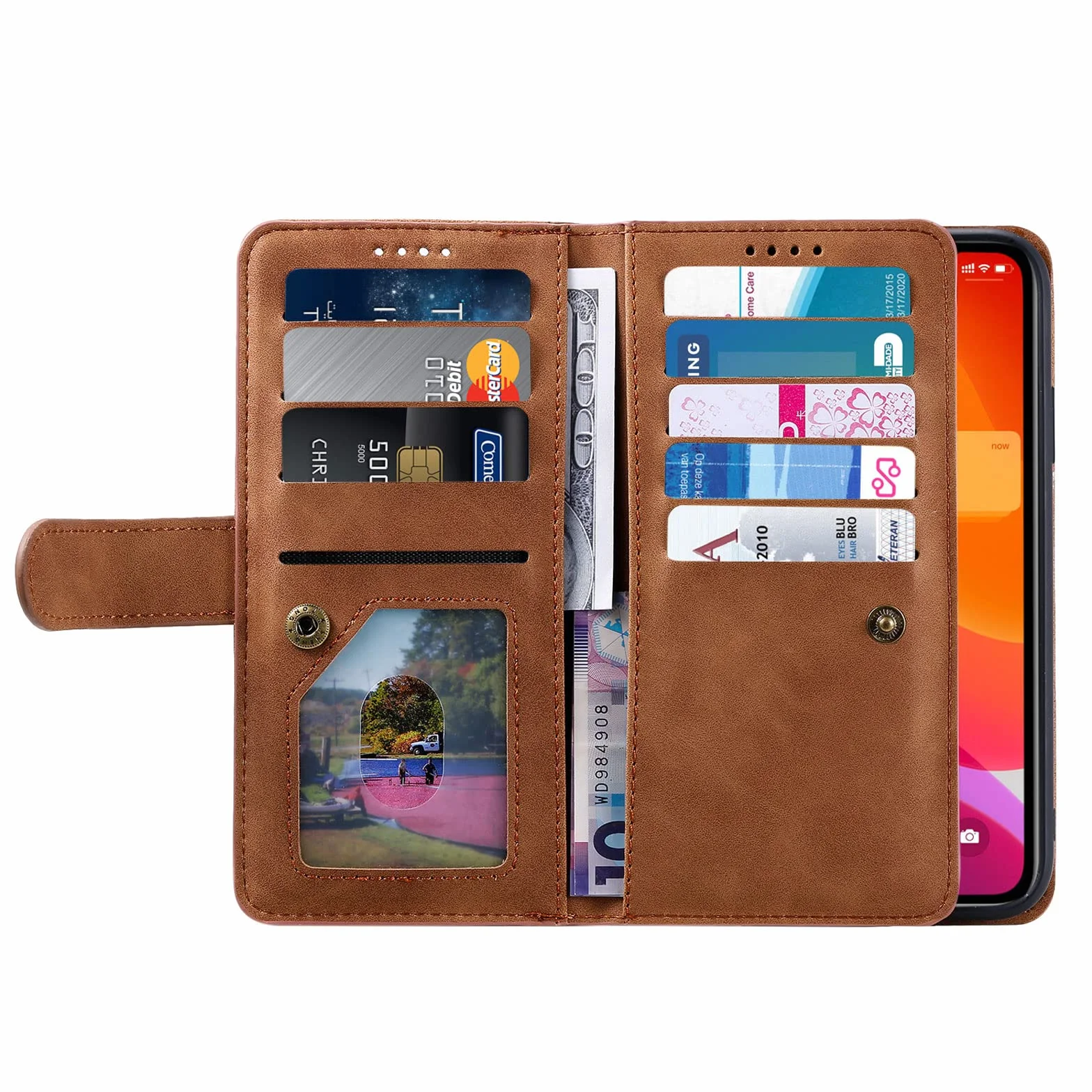 Etui do iPhone 14/14 Pro/14 Plus/14 Pro Max, skórzane etui na telefon komórkowy, portmonetka ochronna, portfel z 9 przegródkami na karty, etui z klapką, odporne na uderzenia, brązowe, 14 Pro 6,1"
