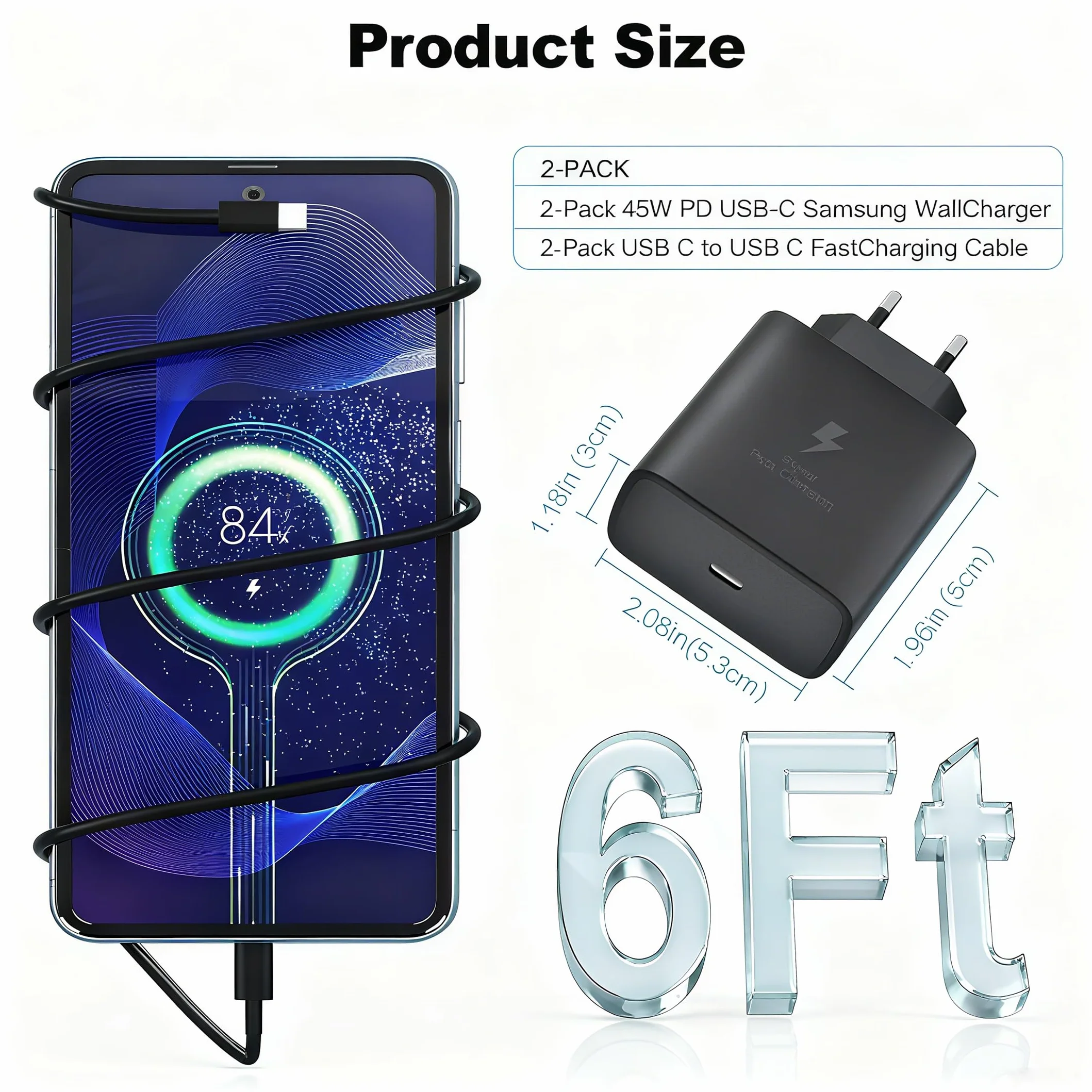 45W USB C Superszybka ładowarka kompatybilna z Samsung Galaxy S25 Ultra/S25+/S25/S24 Ultra/S24+/S24/S23 Ultra/S22/S21/A16/A15/A25/A06, Z Fold 6/Flip 6, wtyczka USB typu C z kablem C do C