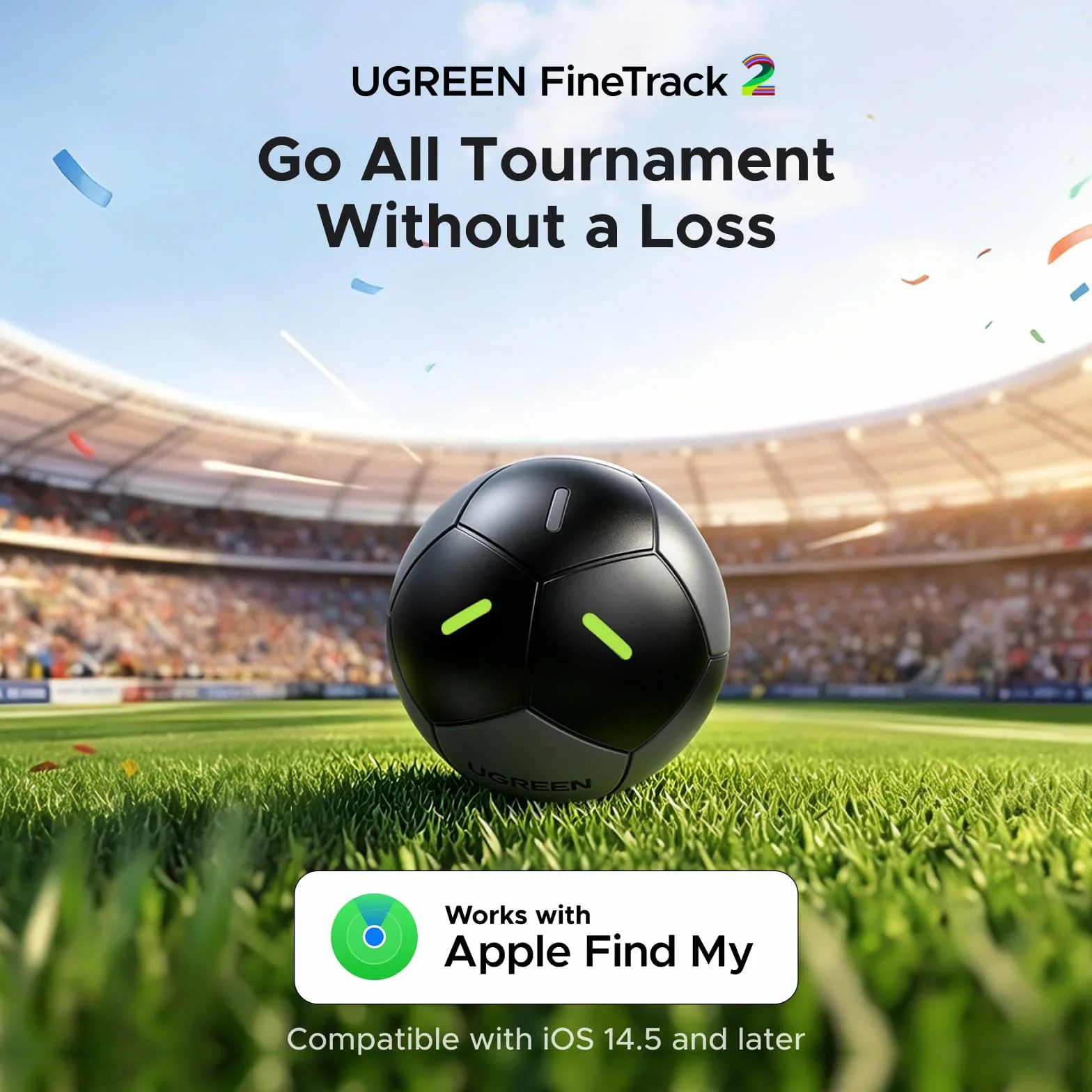 UGREEN FineTrack 2 w kształcie piłki nożnej, kompatybilny z Apple Find My (tylko iOS), 110 dB, IP68, nie wymaga ładowania, żywotność baterii 5–7 lat, lokalizator do walizek, kluczy, plecaków