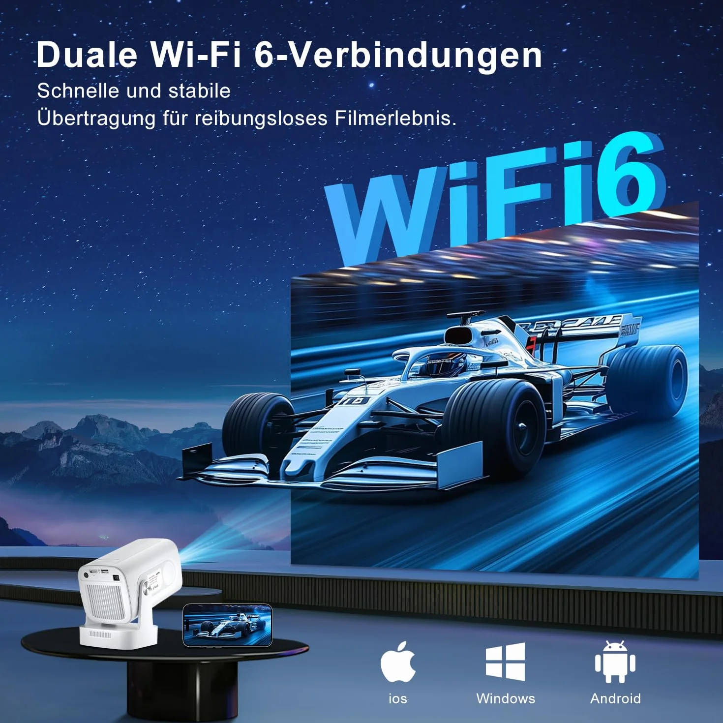 Mini Projektor Salange, Obsługuje Rozdzielczości 8K i 1080P, Autofokus, Przenośny Projektor z Wi-Fi 6 i BT 5.4, Auto Korekcja Trapezu,Obsługujący Rozdzielczość 4K, System Kina Domowego Android 14