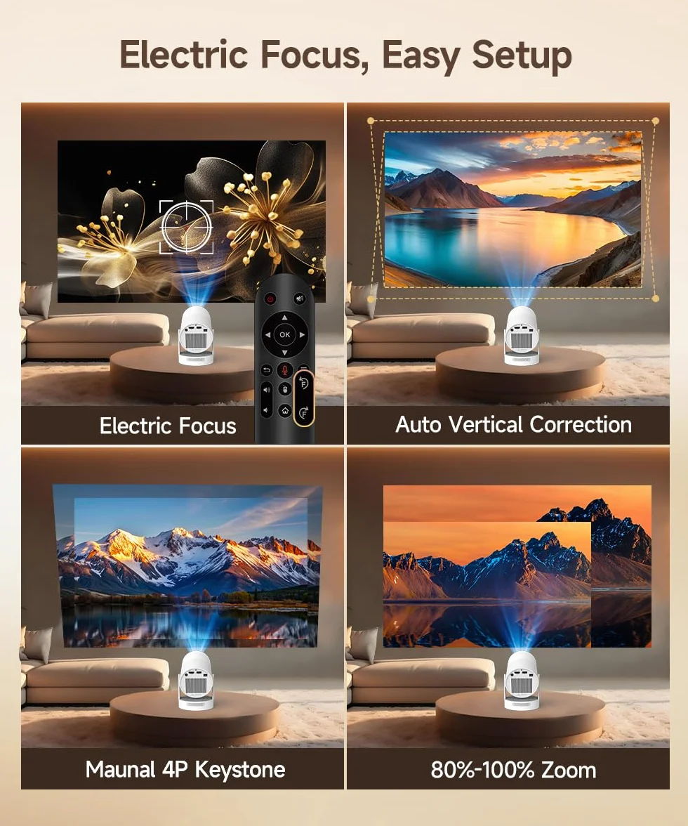 Mini rzutnik 4K, inteligentny projektor, elektryczna ostrość 5G, WiFi 6 BT 5.0, mini przenośny projektor Full HD 1080p, obsługuje 260ANSI Auto Pozioma korekcja trapezów