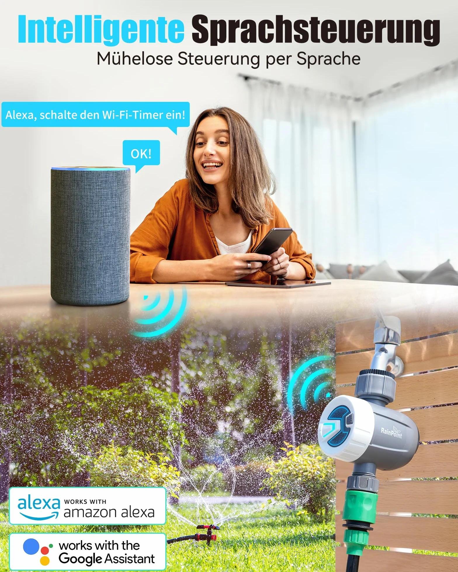 RAINPOINT Sterownik nawadniania WiFi, komputer z automatycznym nawadnianiem z 2 trybami nawadniania, zdalne sterowanie inteligentną aplikacją za pośrednictwem sieci WLAN 2,4 GHz lub Bluetooth, timer