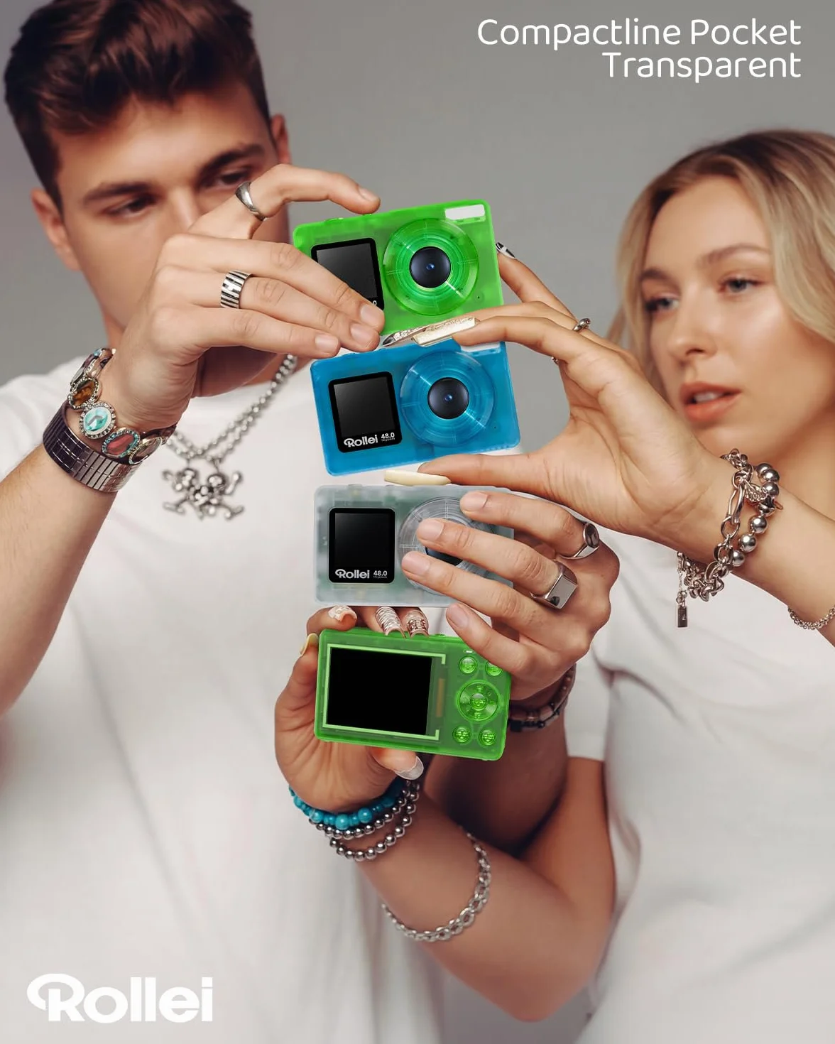 Rollei Compactline Pocket Aparat cyfrowy Przezroczysty zielony Aparat 4K 48 MP z podwójnym ekranem 18-krotny cyfrowy zoom kompaktowy aparat dla dzieci początkujących, aparat cyfrowy