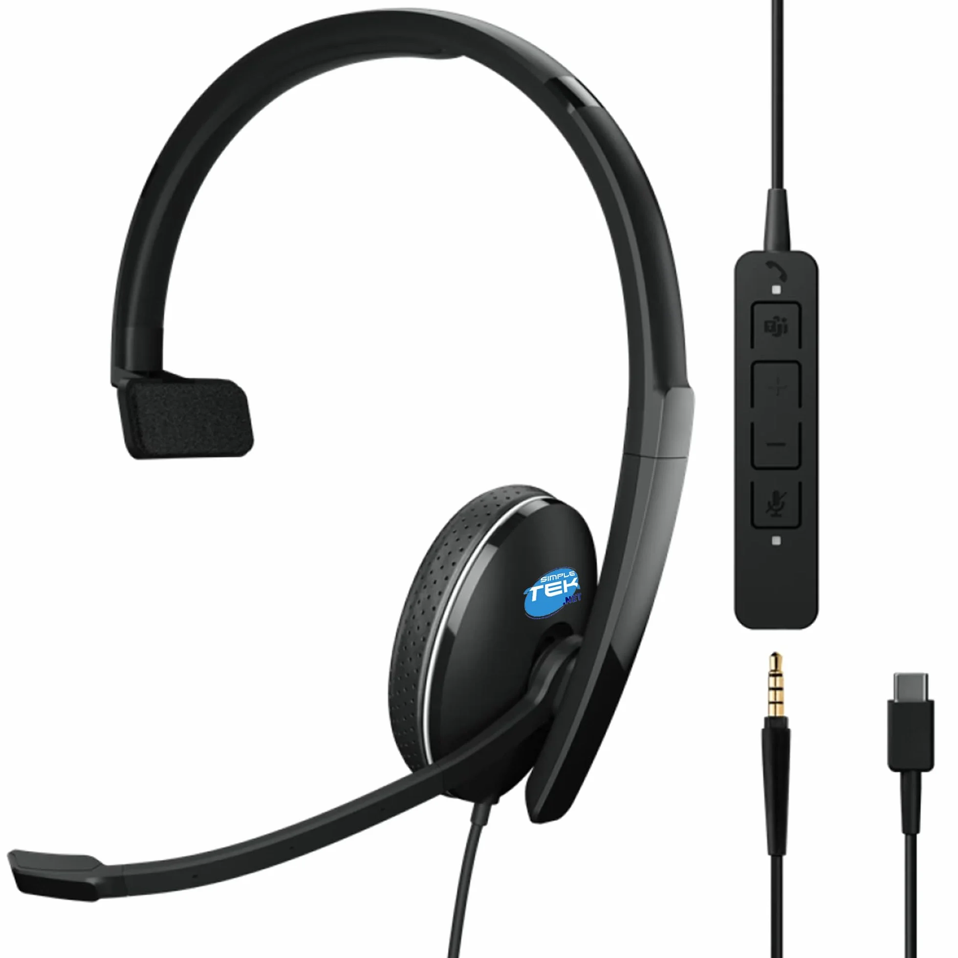 SIMPLETEK - Przewodowe słuchawki jednouszne z mikrofonem na ramię, złącze USB-C i jack 3,5 mm, idealne do call center i inteligentnej pracy - kolor czarny