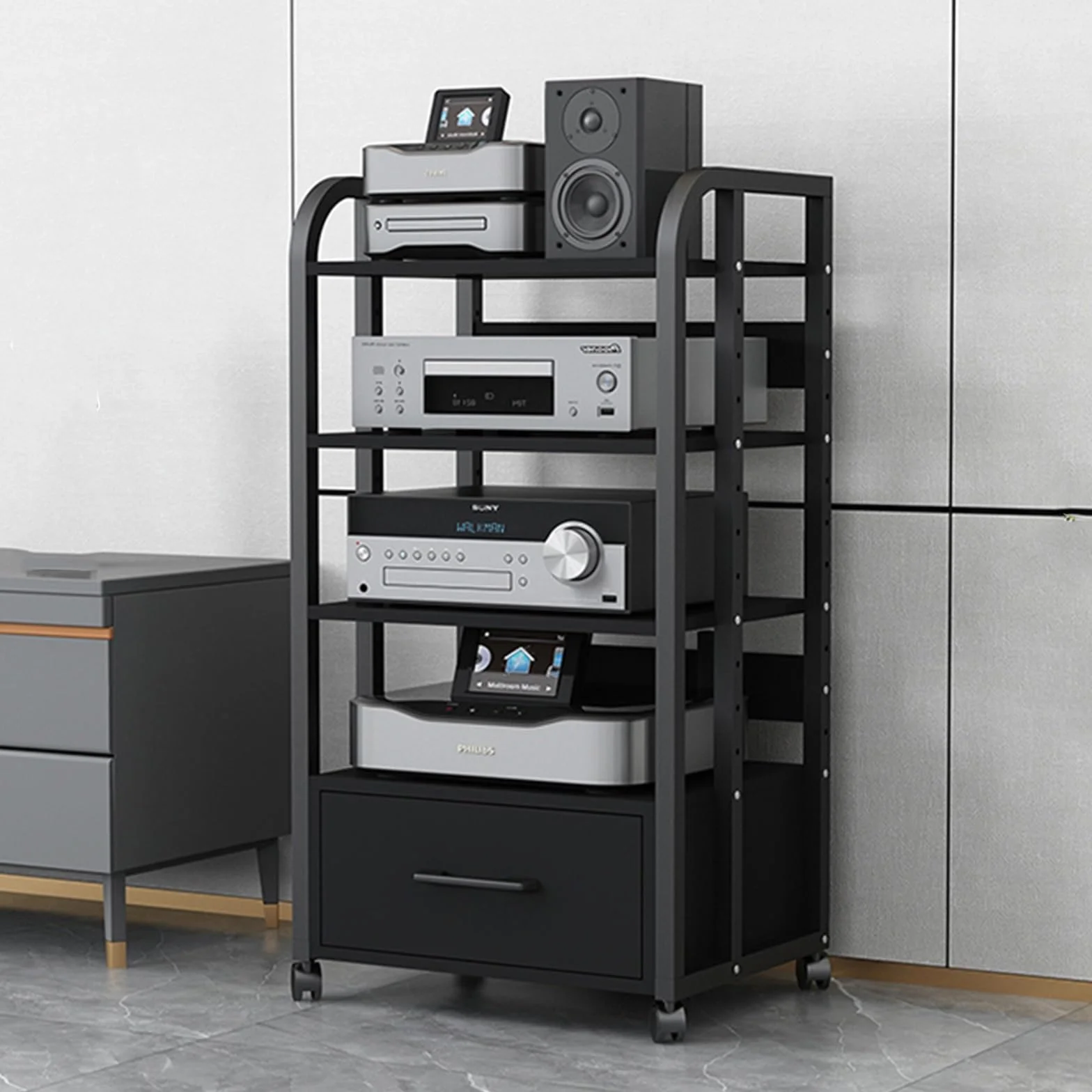 Szafka Na Sprzęt Audio HiFi, 100 Cm Wysokości, Stojak Na Sprzęt Audio-video Do Wzmacniacza/odbiornika Stereo - Corner Entertainment Center(Black)
