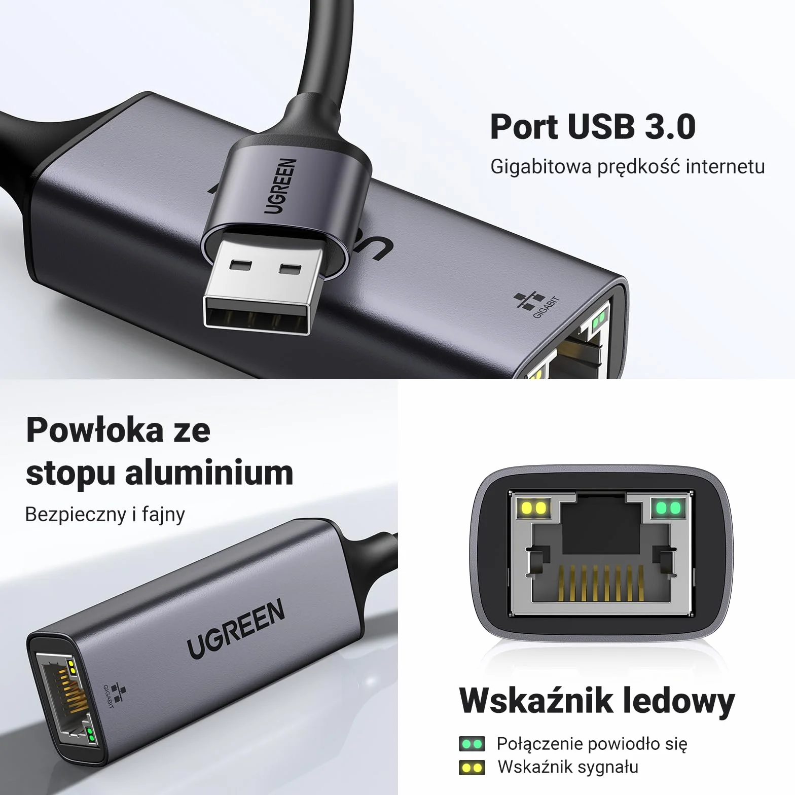 UGREEN Karta Sieciowa USB 3.0 Karta Lan RJ45 1000 Mbps Zgodna z Mac OS Windows 10 8 7 Linux PC Laptop Switch Xiaomi MiBox itp.（Czarny）